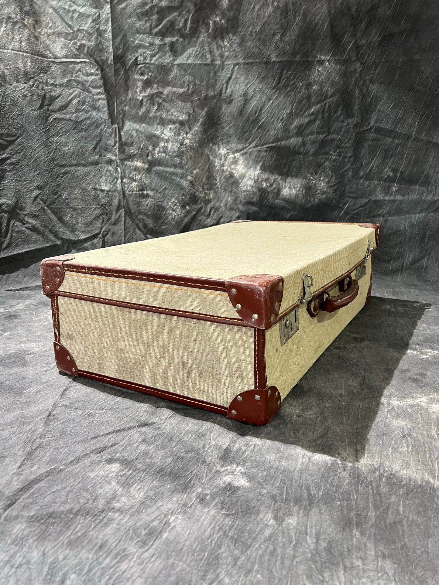 Vintage Military Canvas & Leather Suitcase Trunk Case Dated 1981 Army Boho Rustic Home Décor