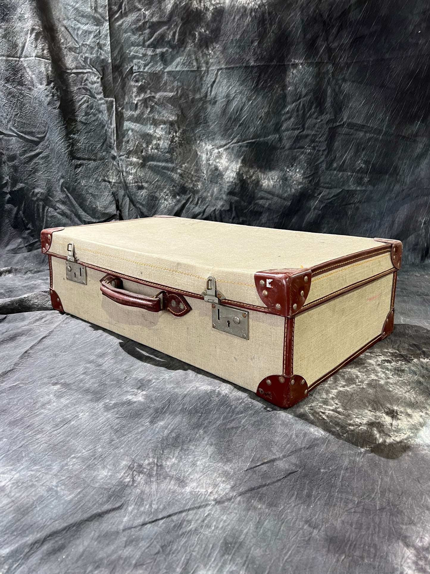 Vintage Military Canvas & Leather Suitcase Trunk Case Dated 1981 Army Boho Rustic Home Décor