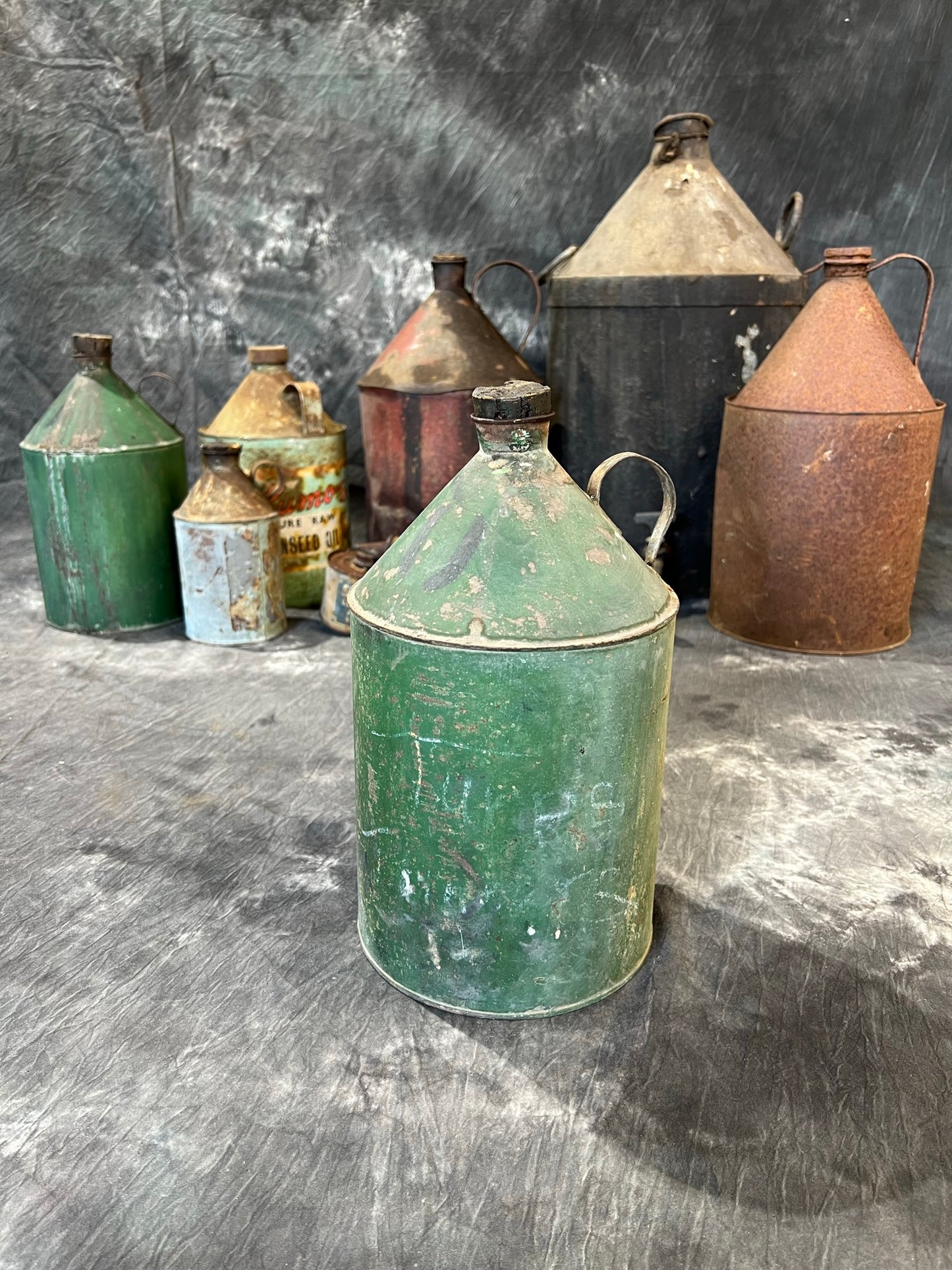 Vintage Green Oil Tin Can Rustic Shelf Display Farmhouse Patina Decor
