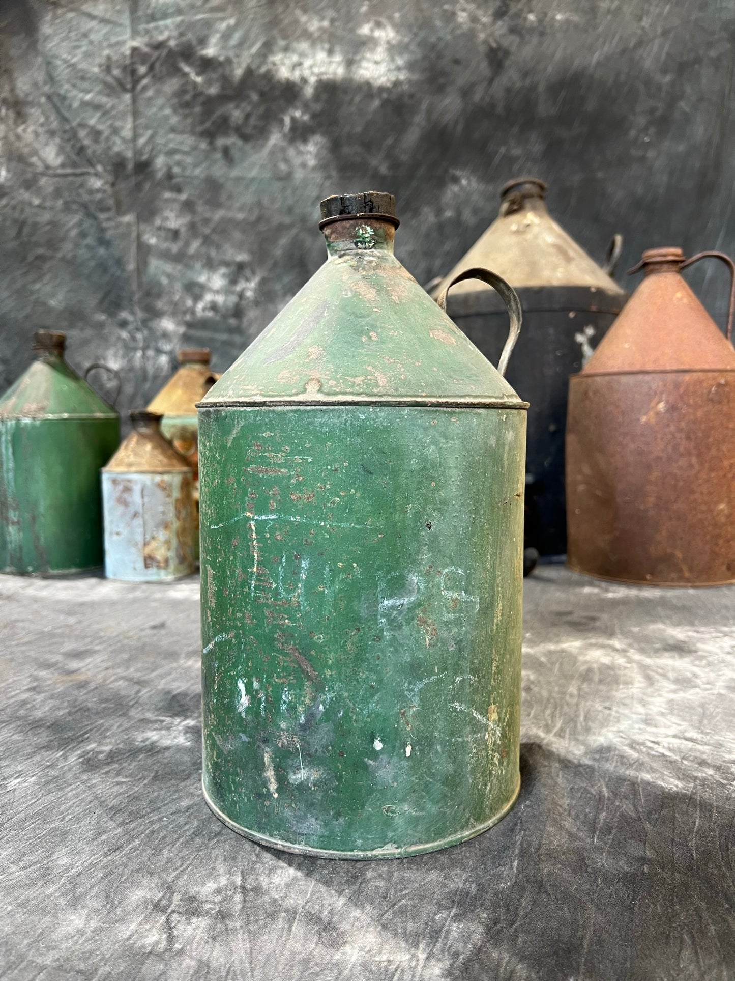 Vintage Green Oil Tin Can Rustic Shelf Display Farmhouse Patina Decor