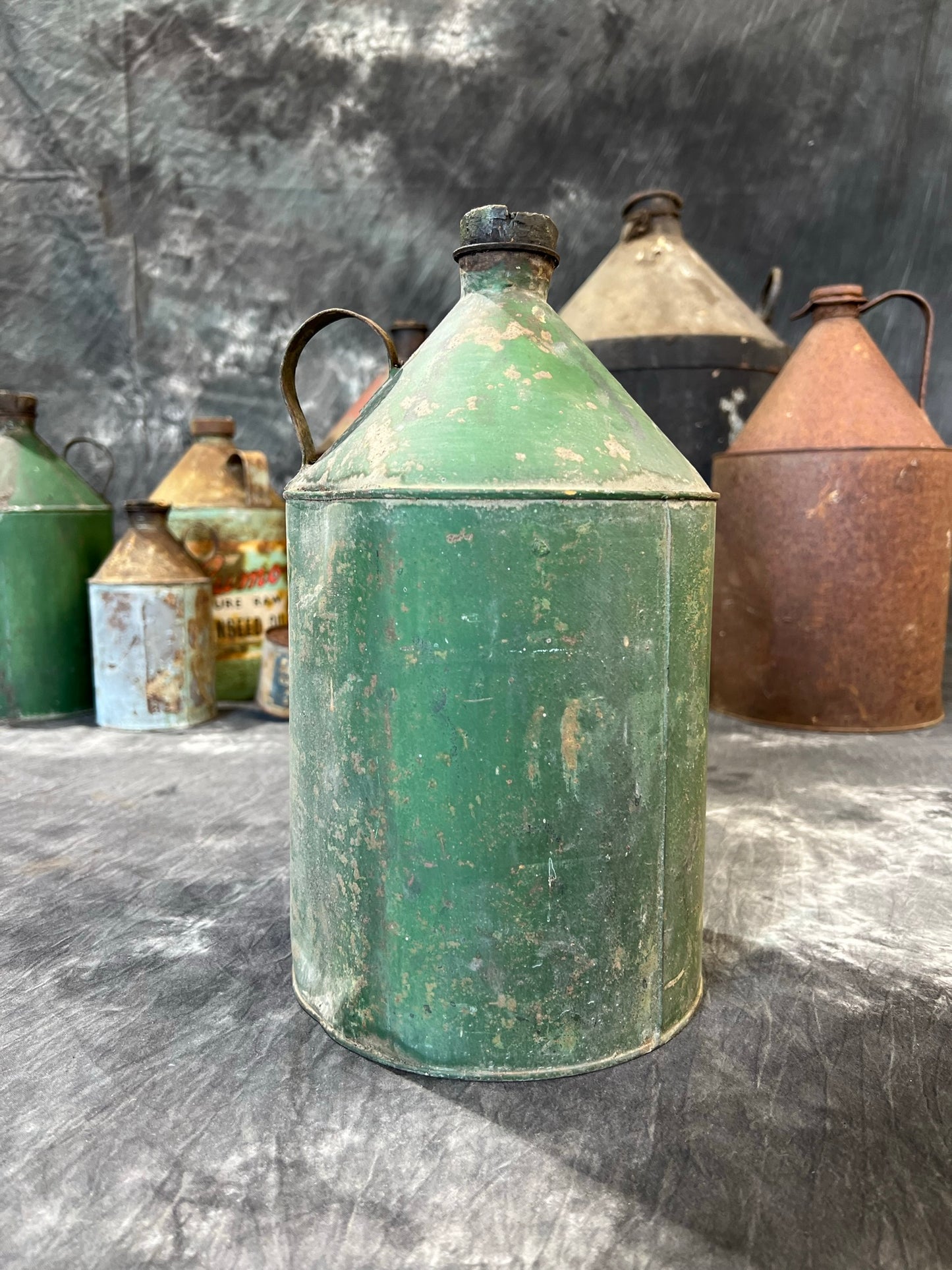 Vintage Green Oil Tin Can Rustic Shelf Display Farmhouse Patina Decor