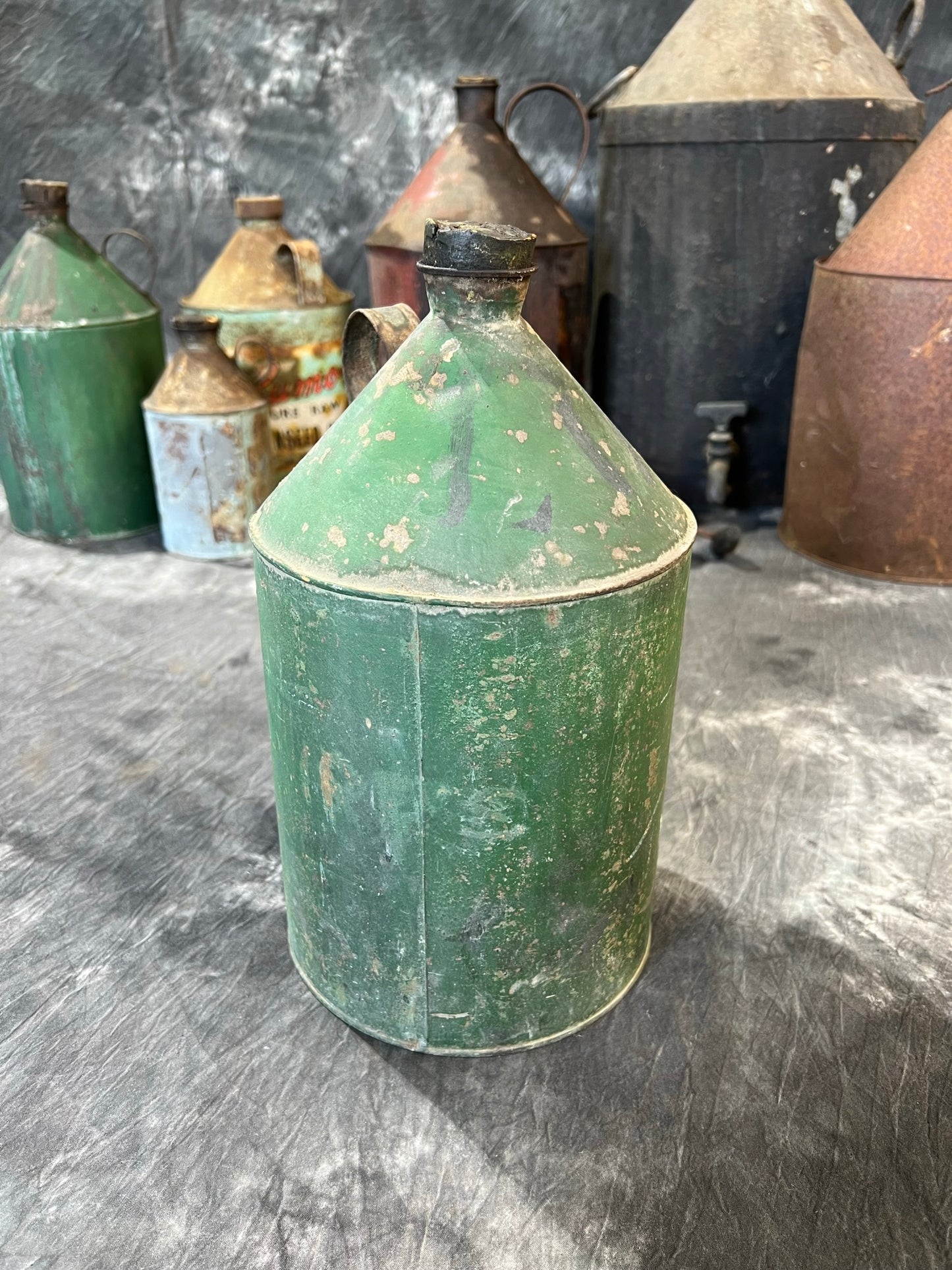 Vintage Green Oil Tin Can Rustic Shelf Display Farmhouse Patina Decor