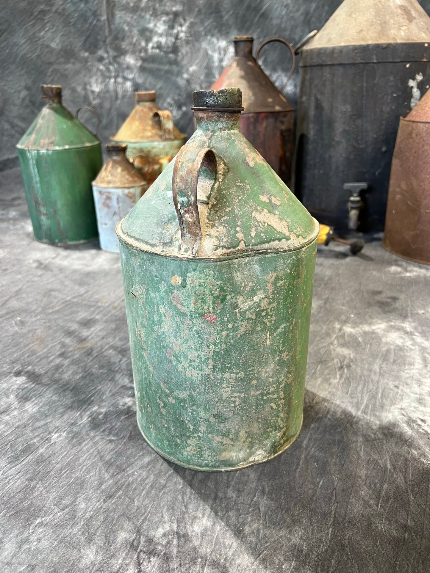 Vintage Green Oil Tin Can Rustic Shelf Display Farmhouse Patina Decor