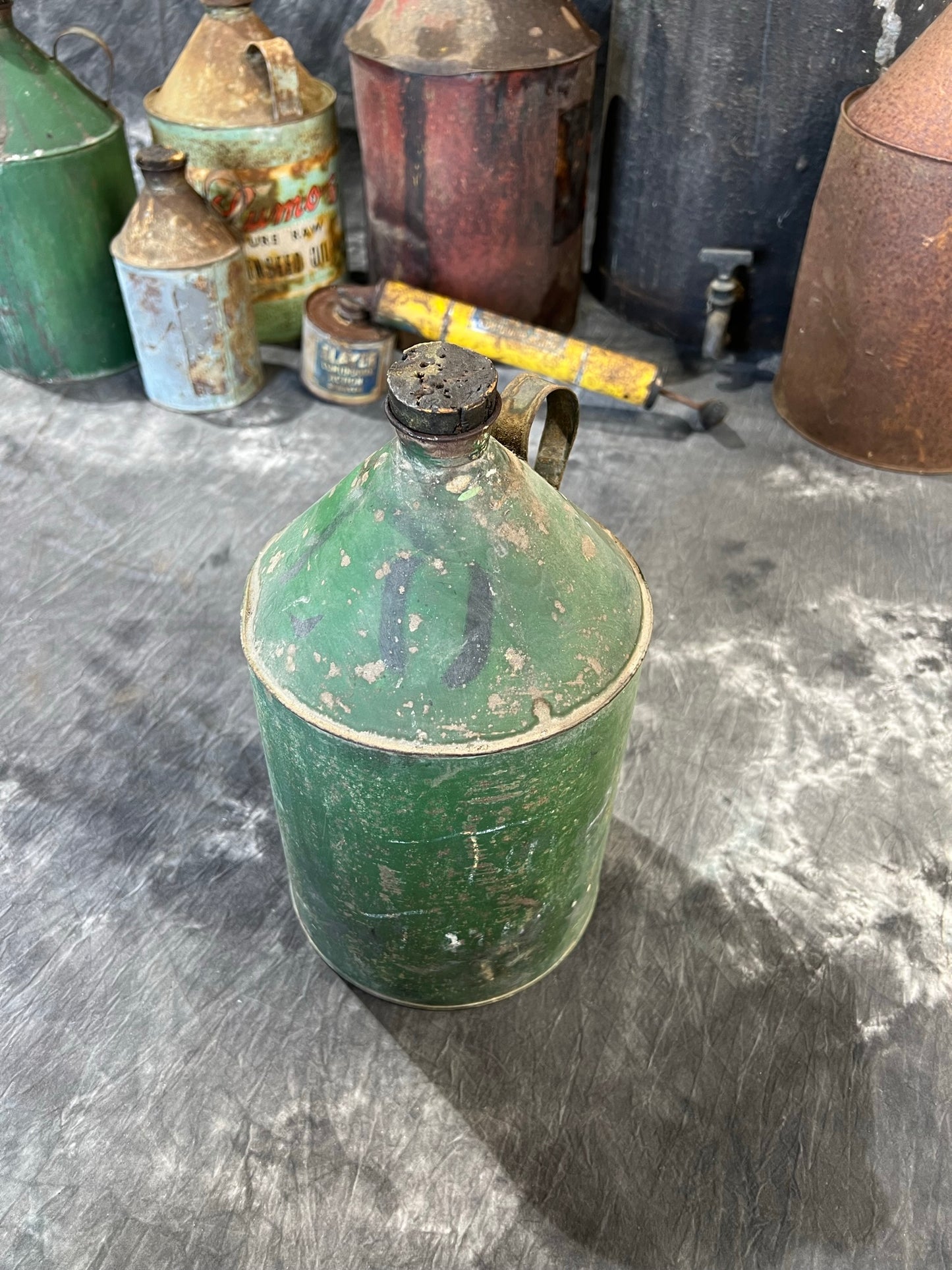 Vintage Green Oil Tin Can Rustic Shelf Display Farmhouse Patina Decor