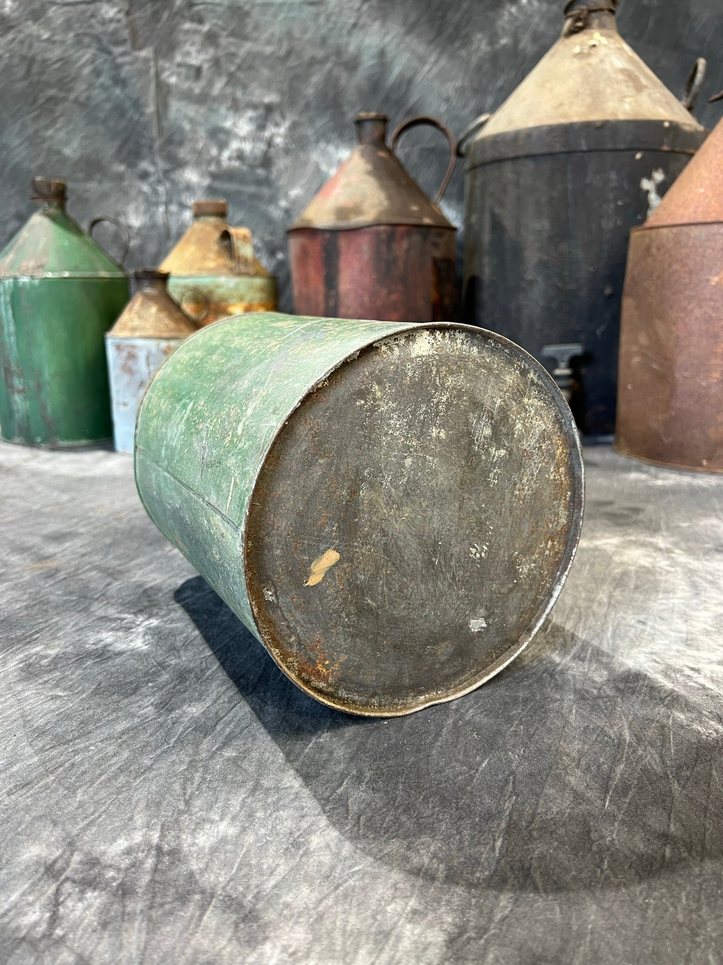 Vintage Green Oil Tin Can Rustic Shelf Display Farmhouse Patina Decor