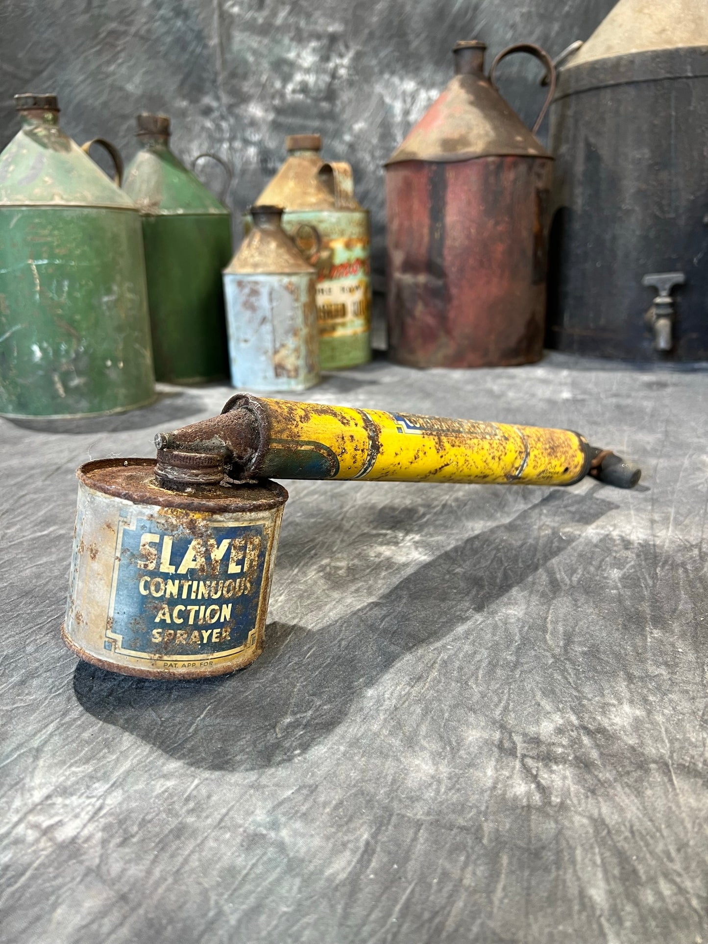 Vintage Slayer Sprayer Rustic Tin Shelf Display Farmhouse Patina Decor
