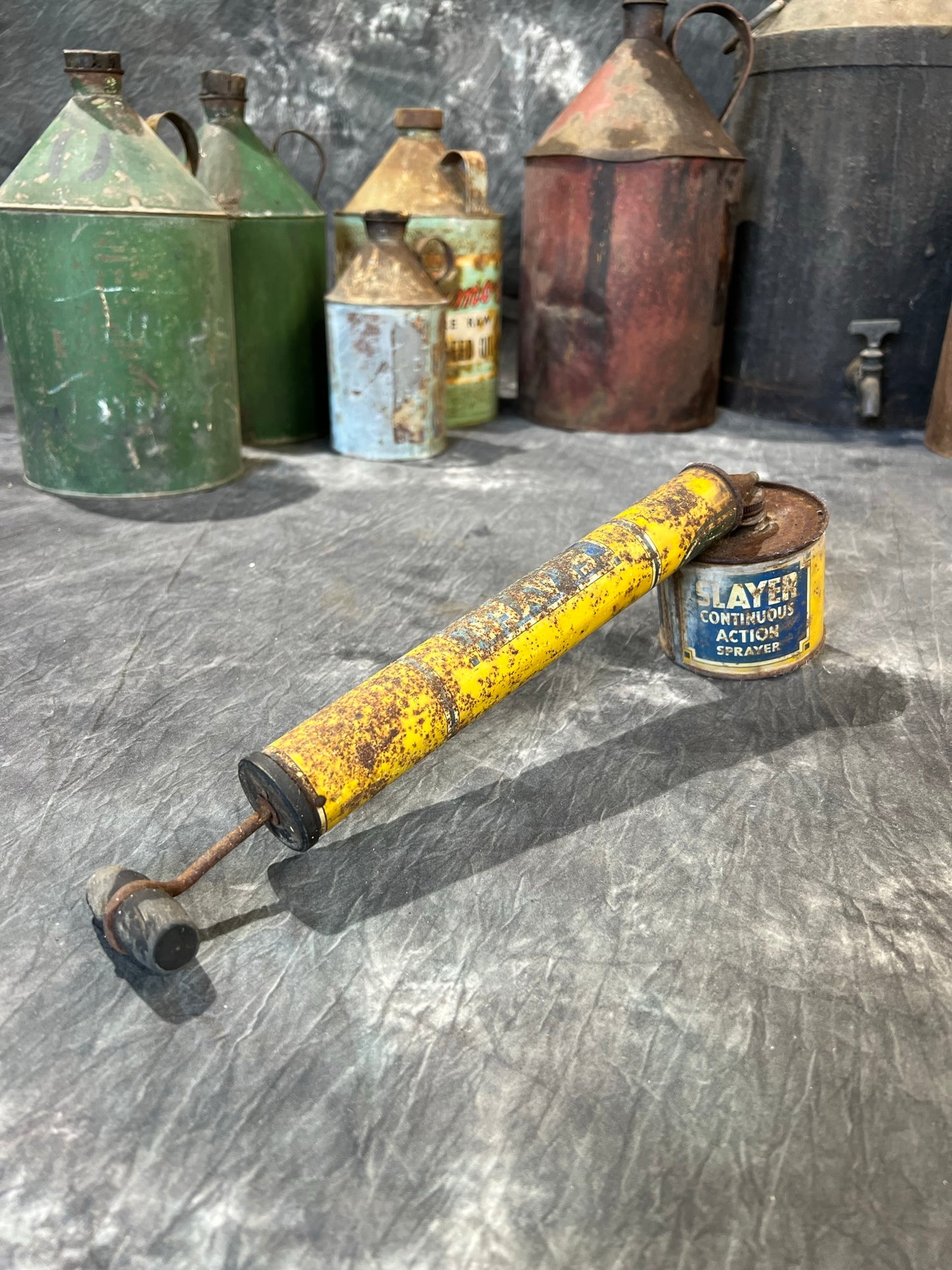 Vintage Slayer Sprayer Rustic Tin Shelf Display Farmhouse Patina Decor