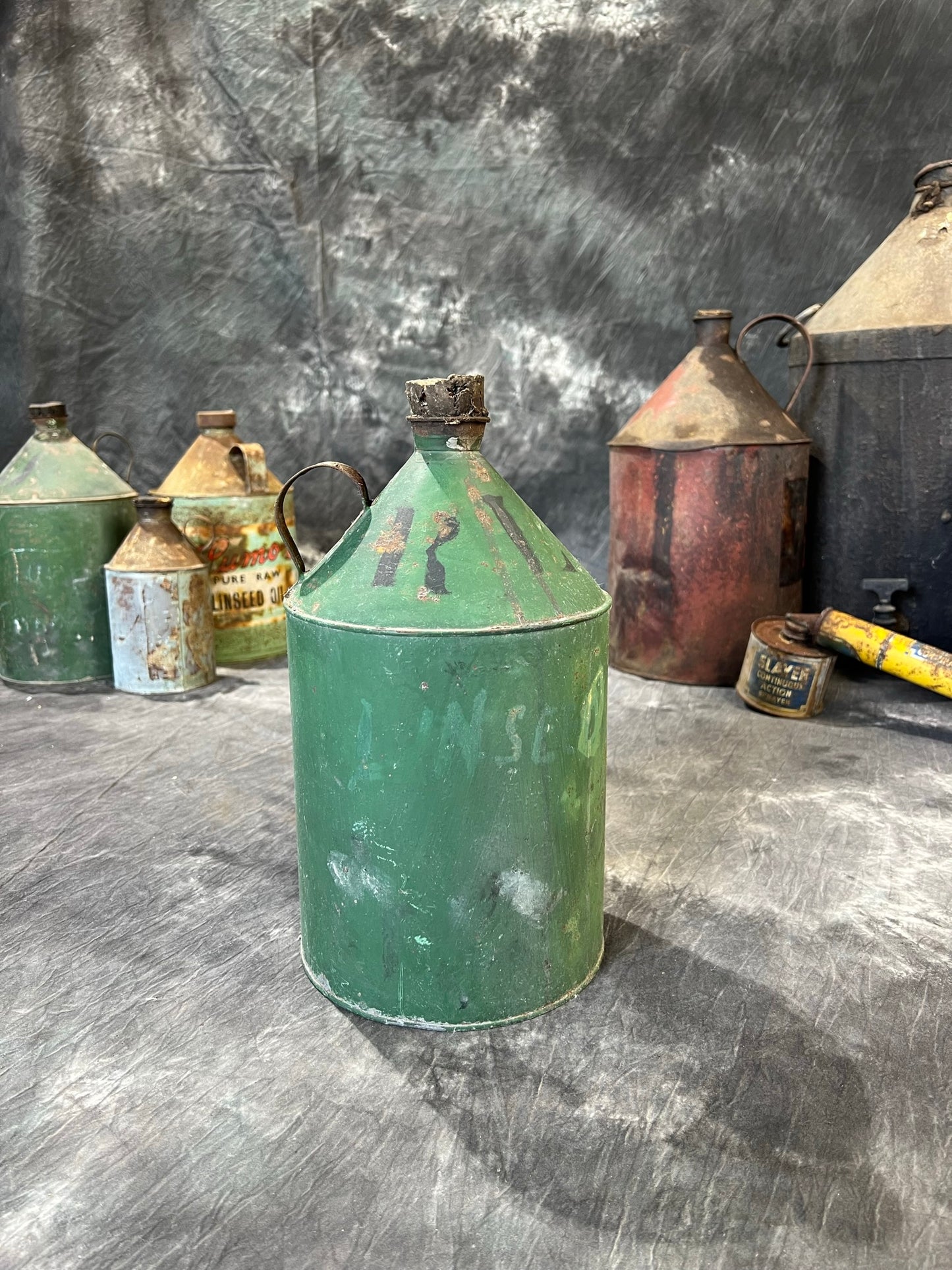 Vintage Green Tin Metal Can Rustic Shelf Display Farmhouse Patina Decor