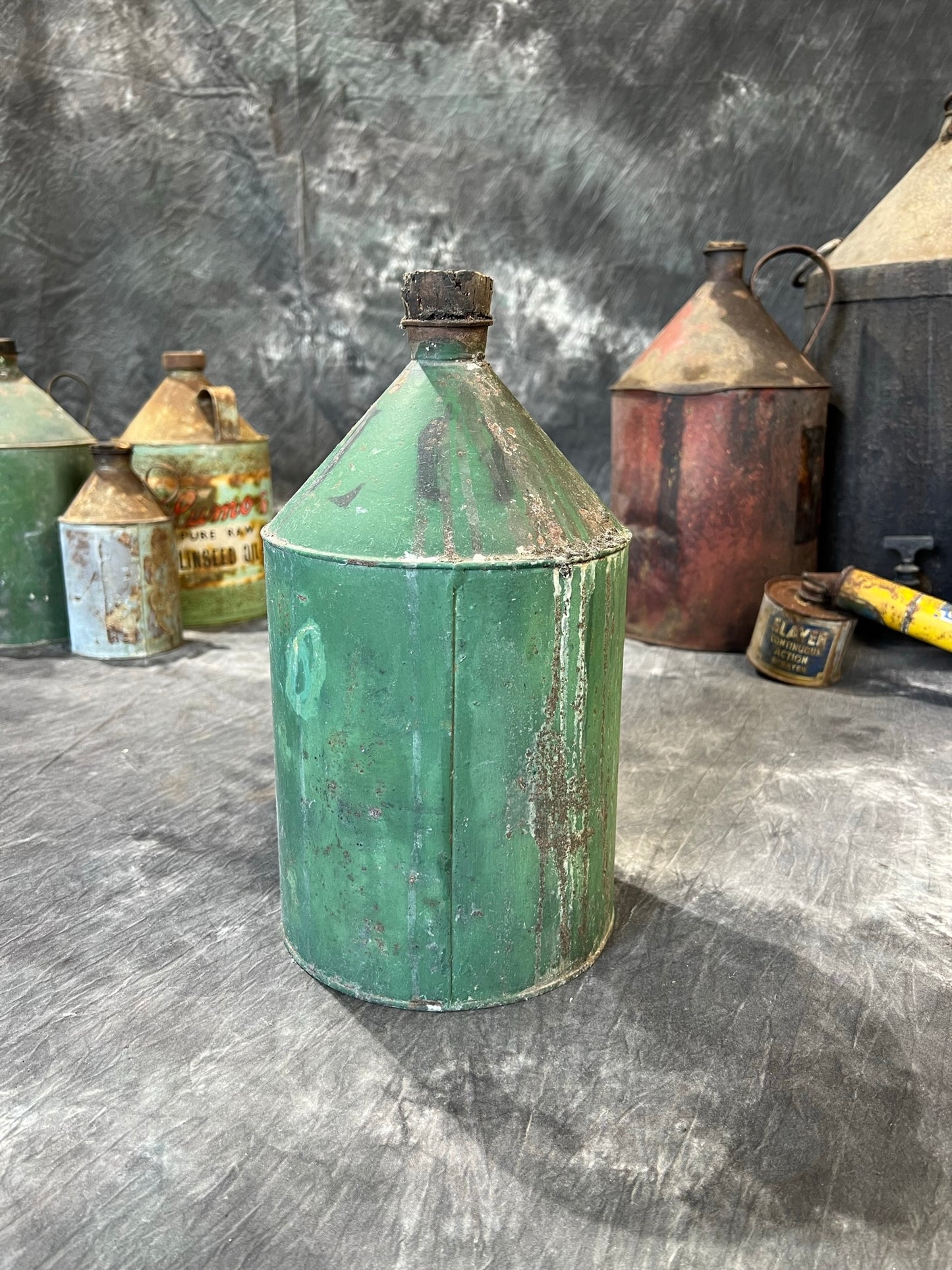 Vintage Green Tin Metal Can Rustic Shelf Display Farmhouse Patina Decor