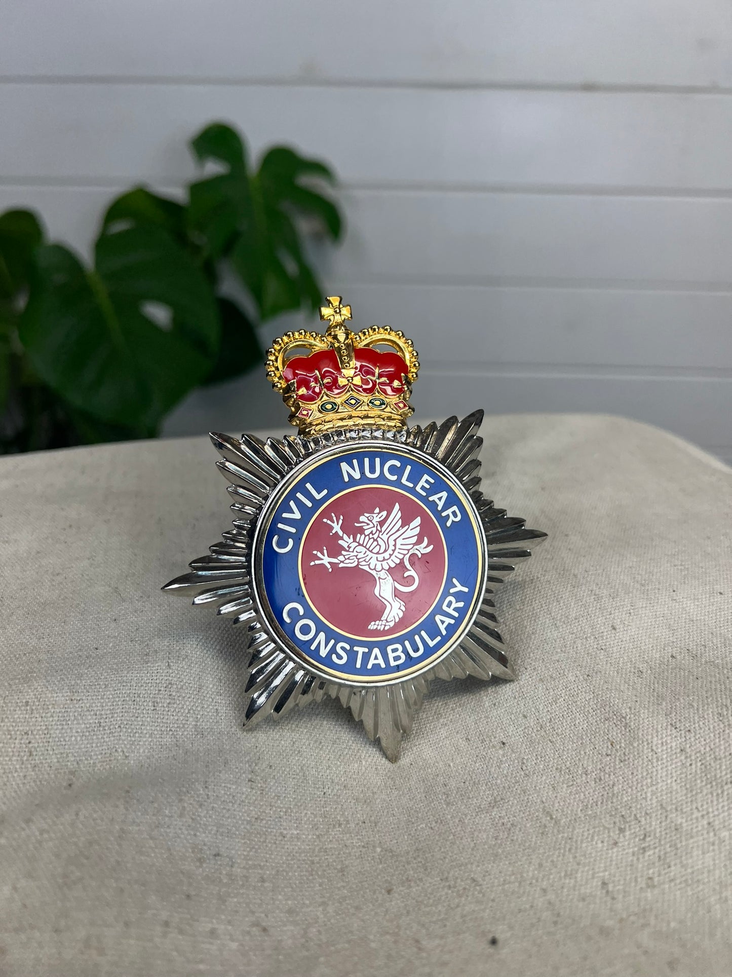 Ex Civil Nuclear Constabulary Badge Obsolete Rare Enamel Bobby Helmet Badge Queens Crown