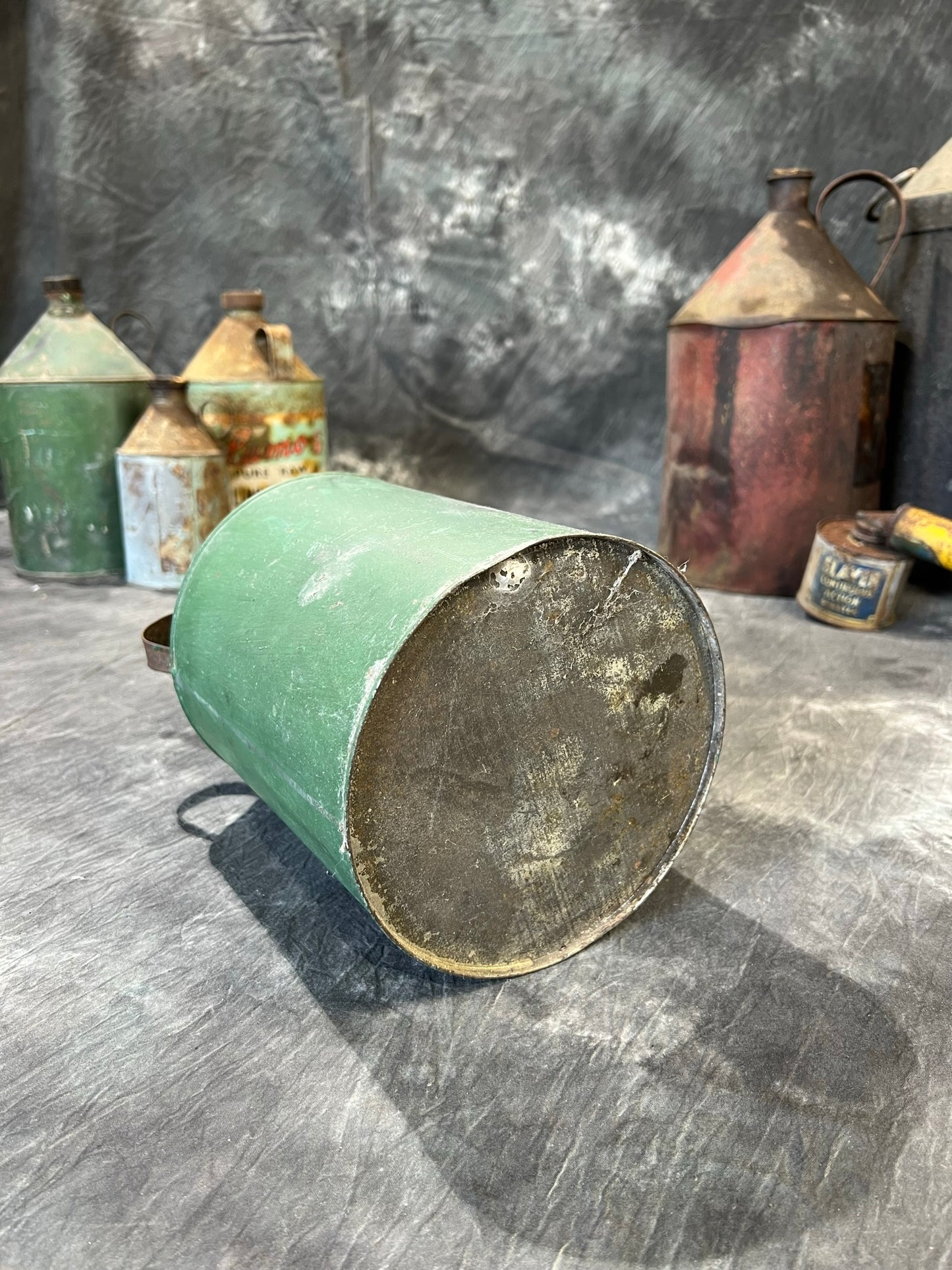 Vintage Green Tin Metal Can Rustic Shelf Display Farmhouse Patina Decor