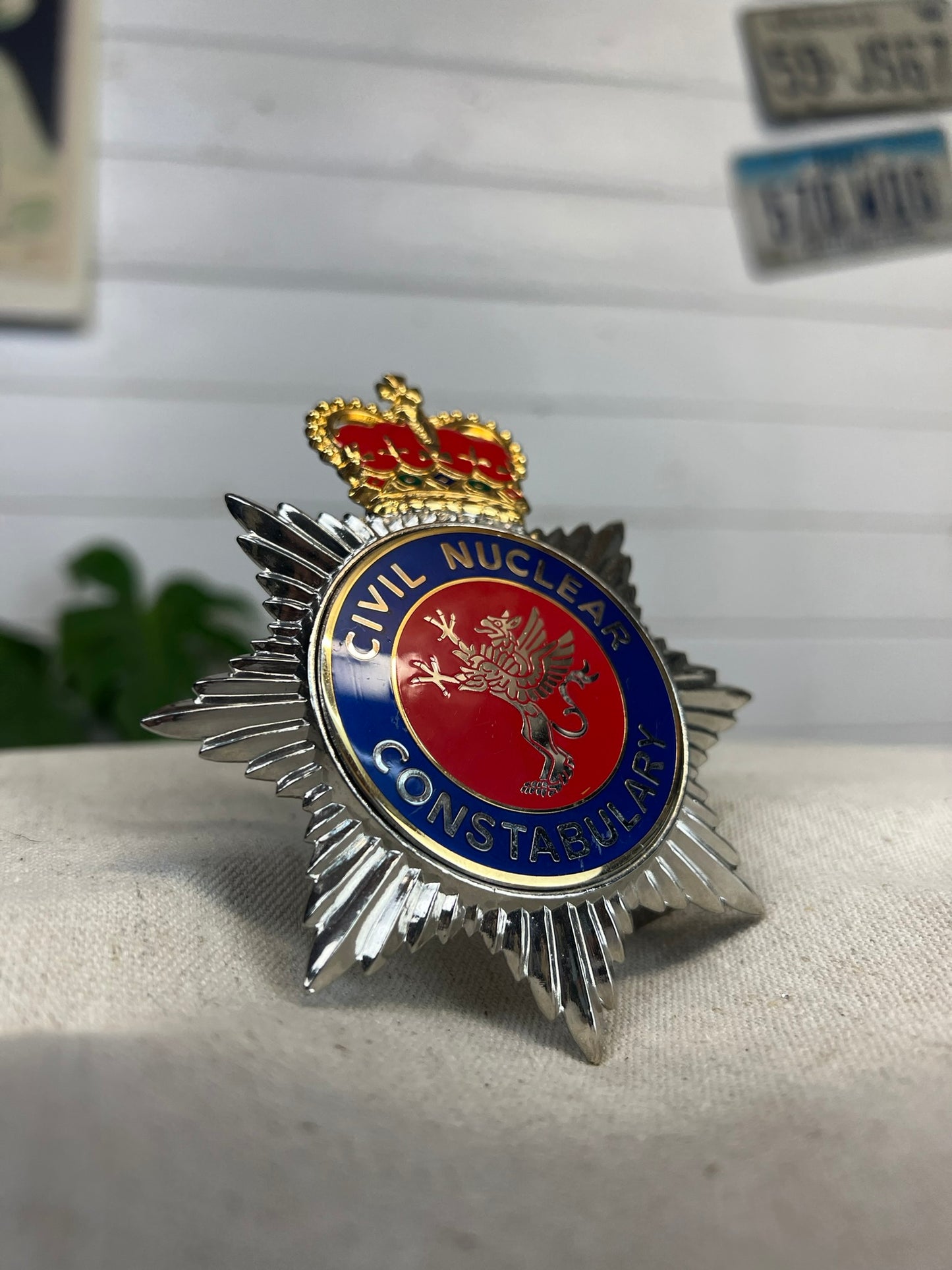 Ex Civil Nuclear Constabulary Badge Obsolete Rare Enamel Bobby Helmet Badge Queens Crown