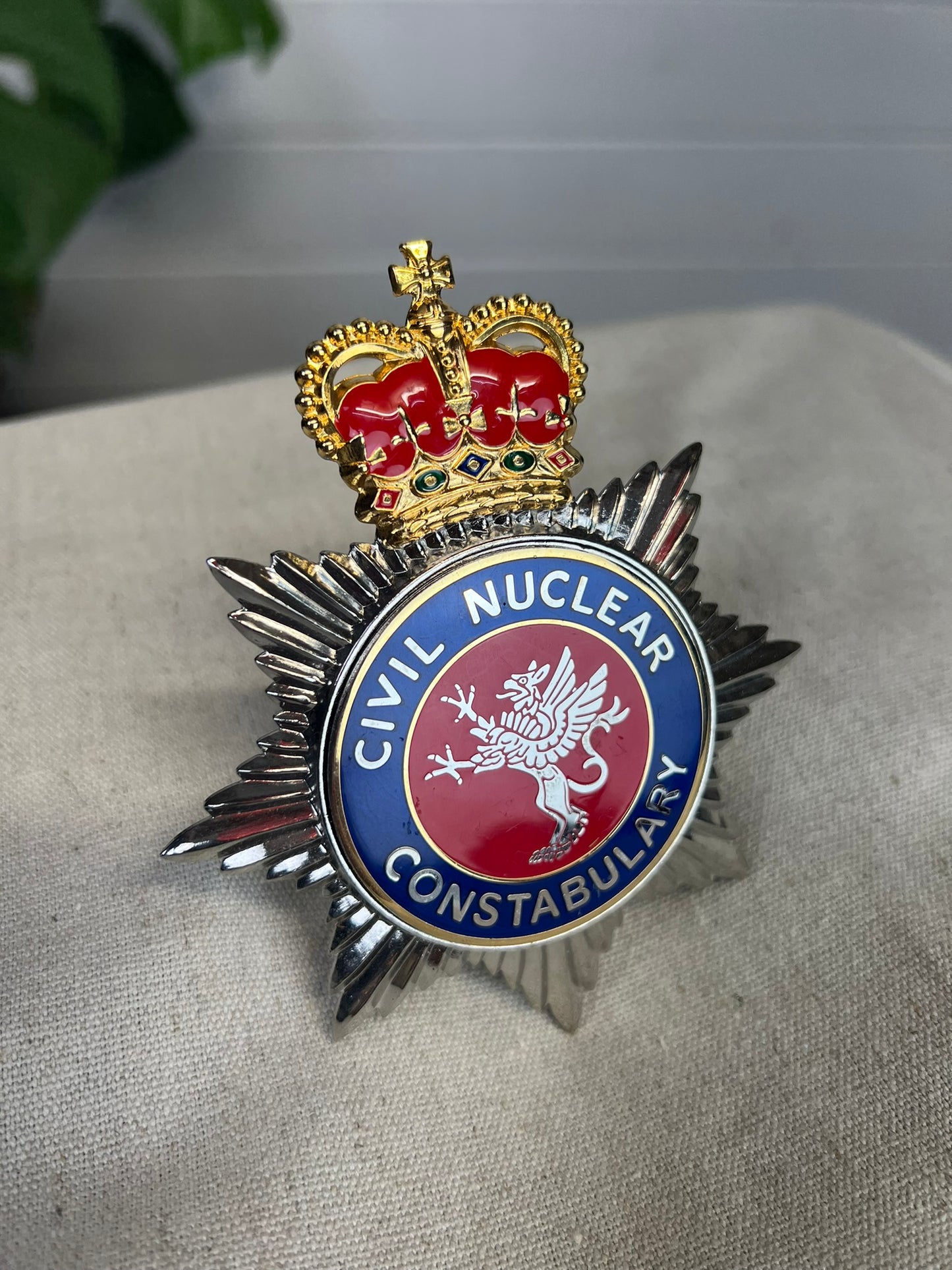 Ex Civil Nuclear Constabulary Badge Obsolete Rare Enamel Bobby Helmet Badge Queens Crown