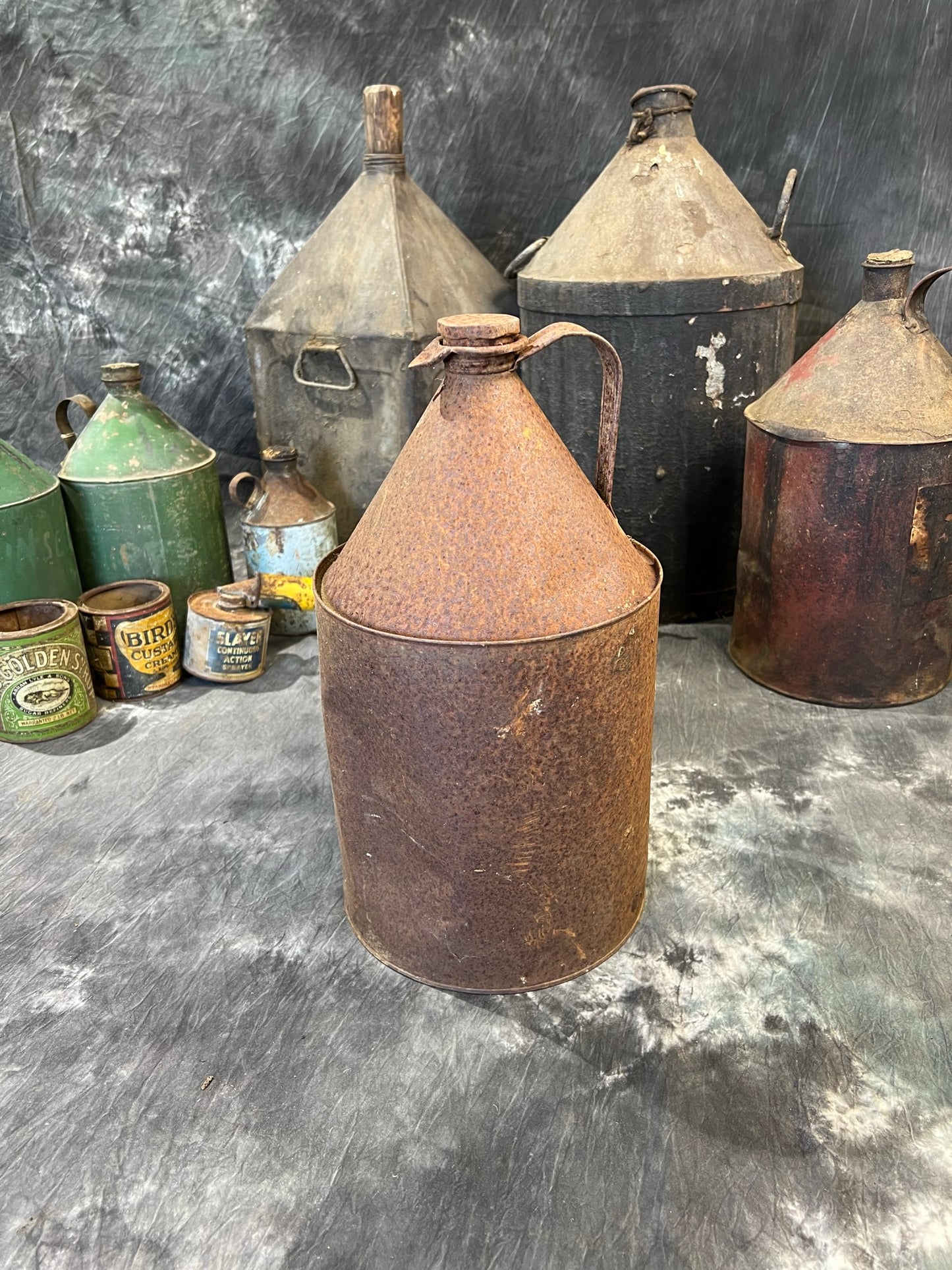 Vintage Metal Tin Can Rustic Industrial Garage Shelf Farmhouse Patina Decor Display