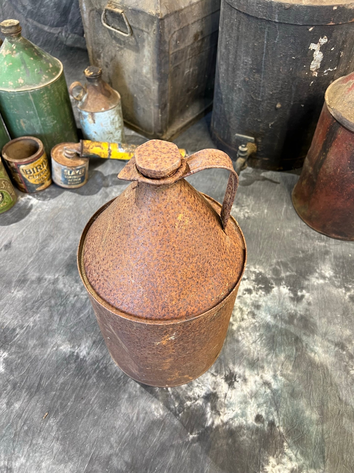 Vintage Metal Tin Can Rustic Industrial Garage Shelf Farmhouse Patina Decor Display