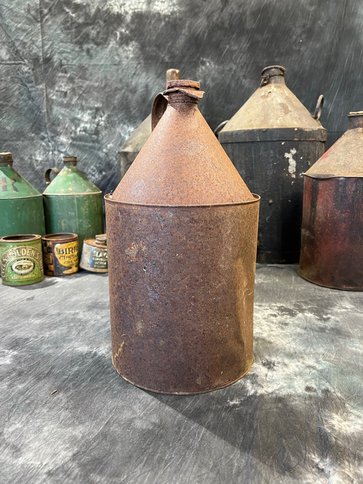 Vintage Metal Tin Can Rustic Industrial Garage Shelf Farmhouse Patina Decor Display