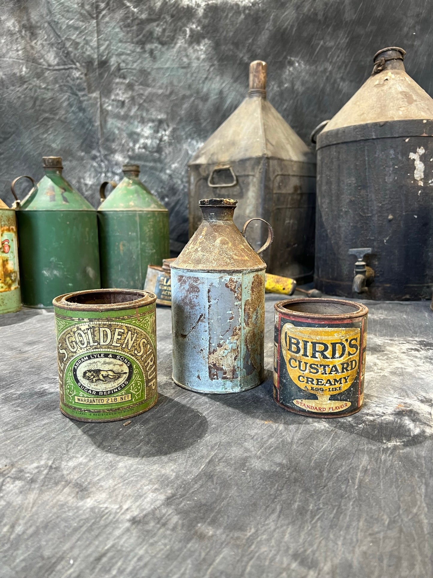 3x Vintage Metal Tin Cans Birds Custard Lyles Syrup Old Advertising Rustic Decor Display