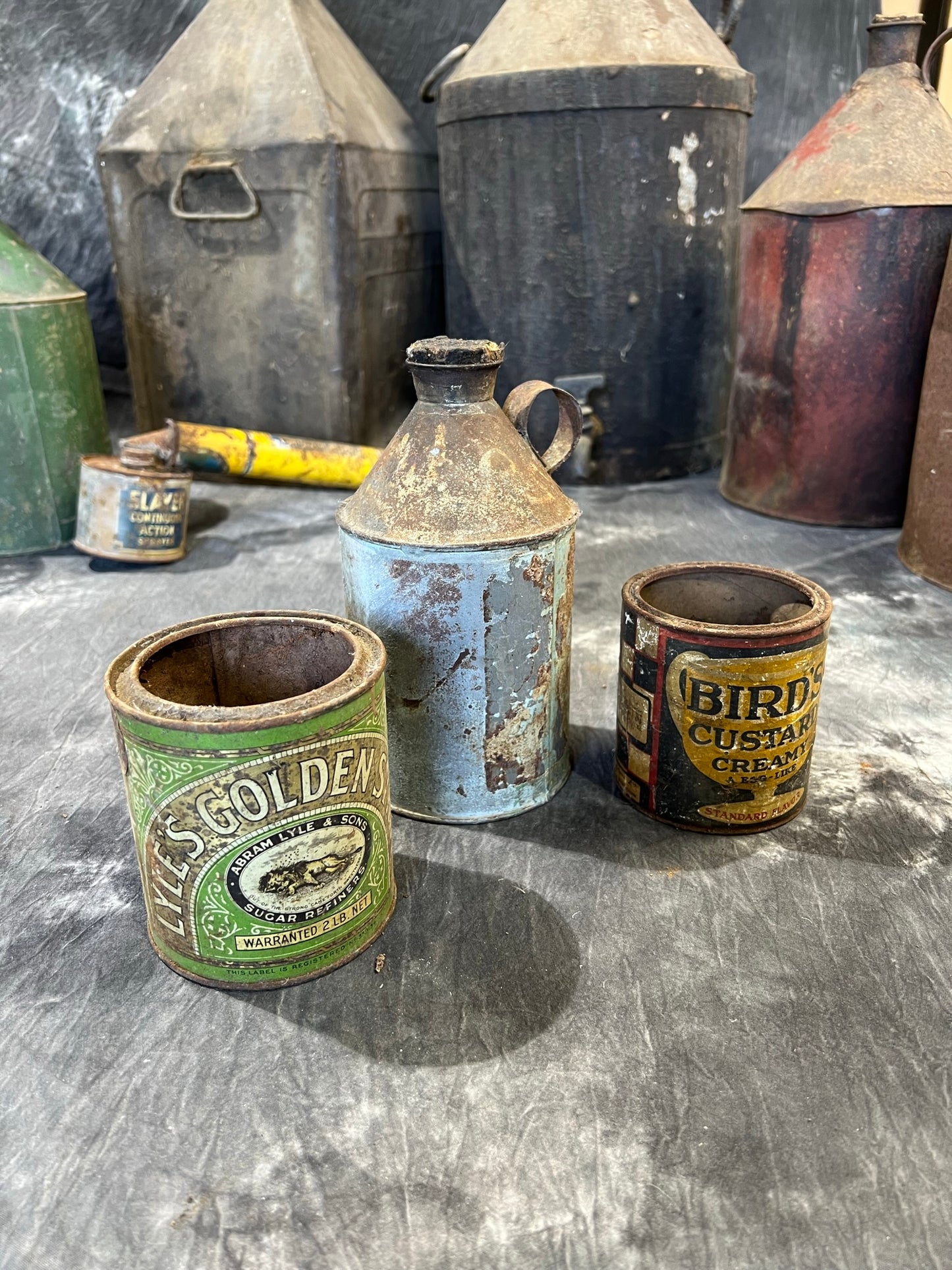 3x Vintage Metal Tin Cans Birds Custard Lyles Syrup Old Advertising Rustic Decor Display