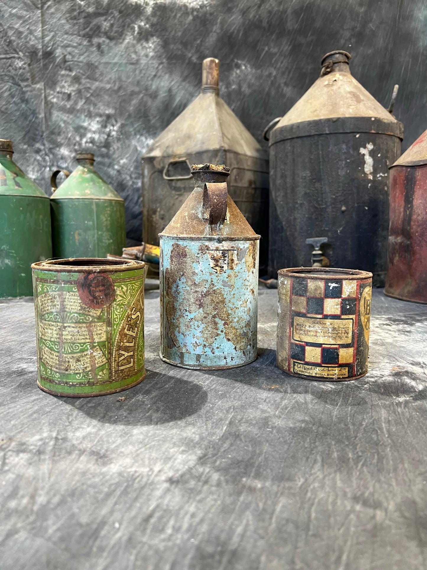 3x Vintage Metal Tin Cans Birds Custard Lyles Syrup Old Advertising Rustic Decor Display