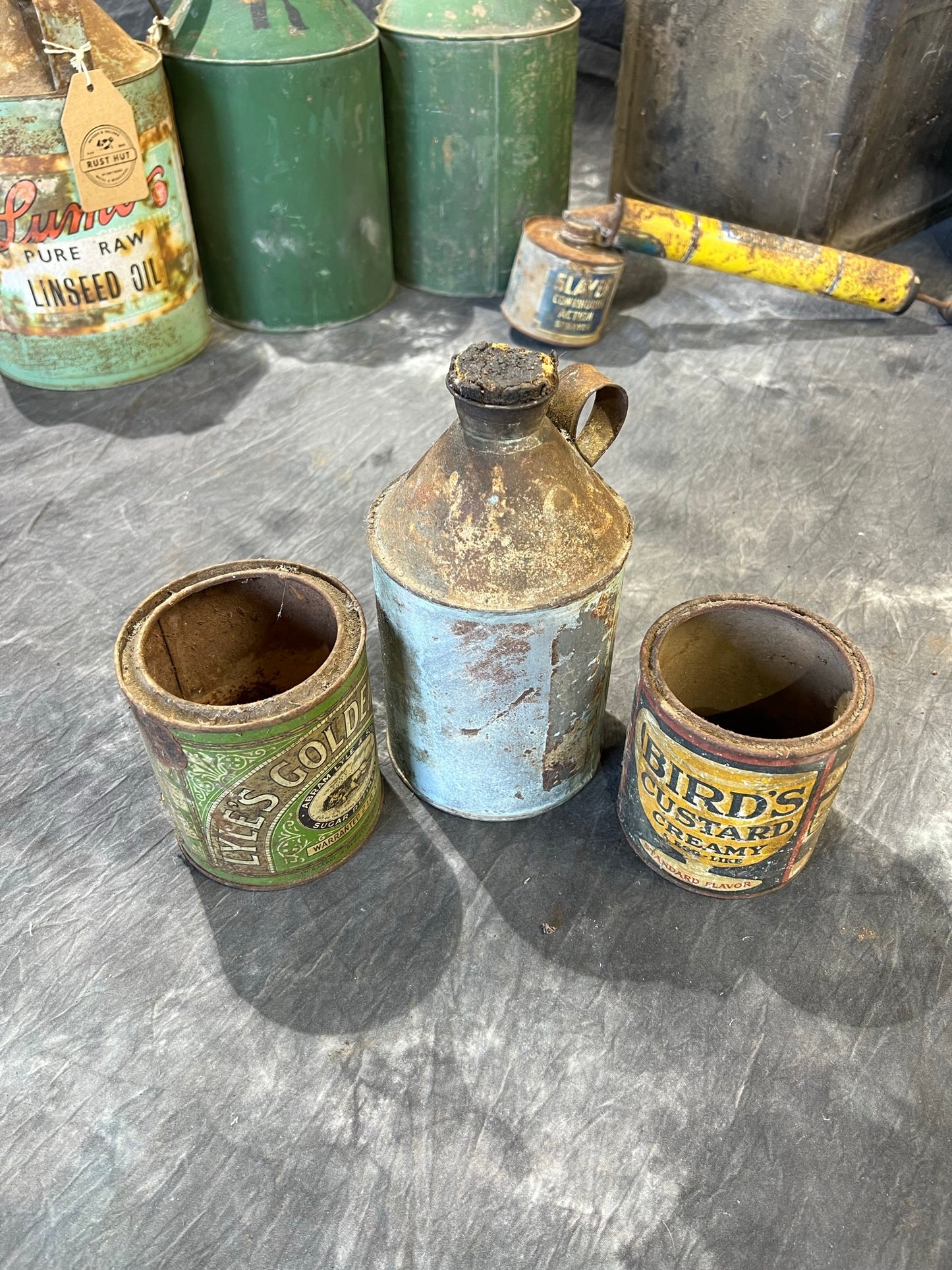 3x Vintage Metal Tin Cans Birds Custard Lyles Syrup Old Advertising Rustic Decor Display