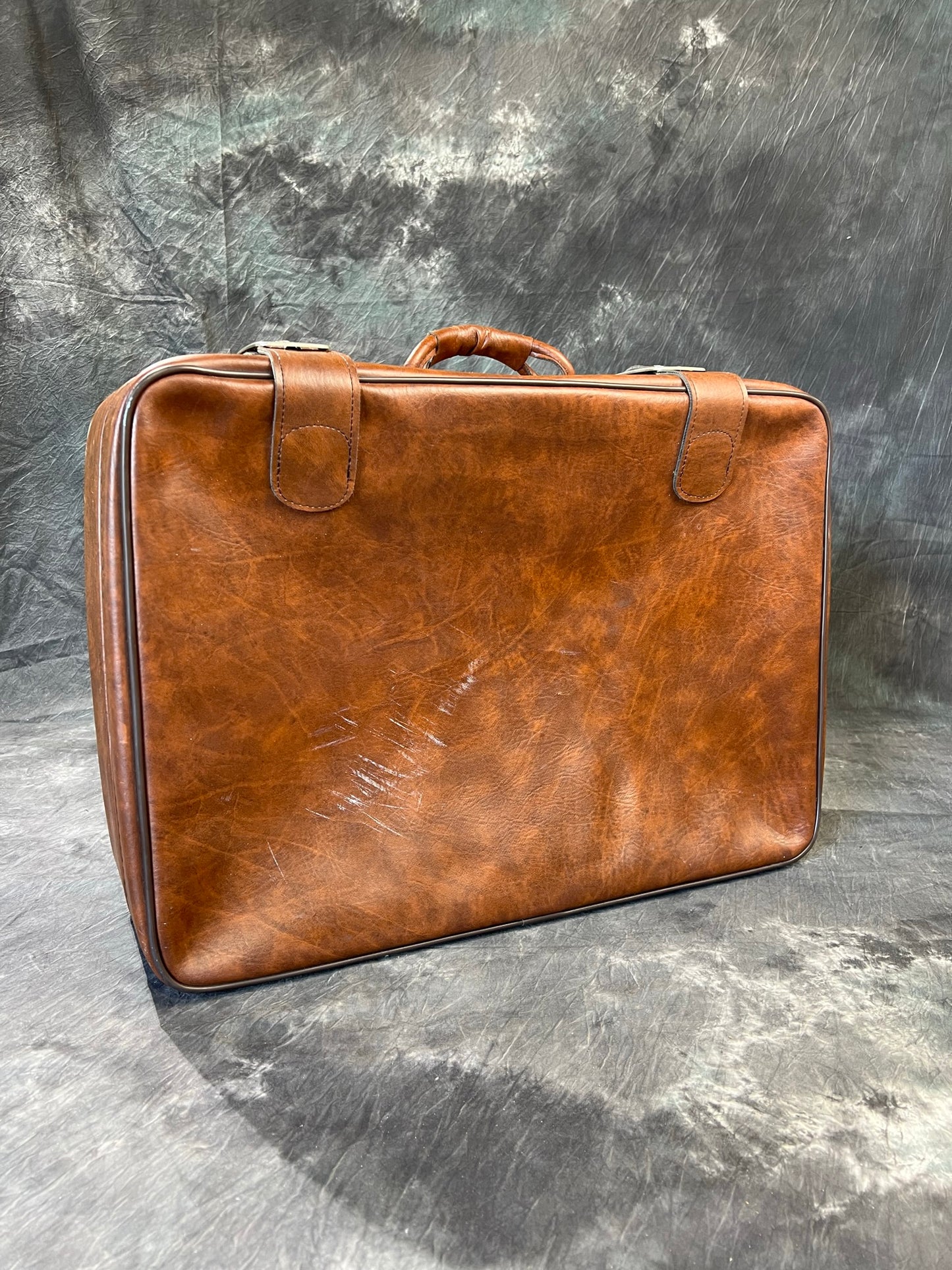 Vintage Brown Leather Suitcase Motor Luggage Retro Travel Trunk Boho Décor Display