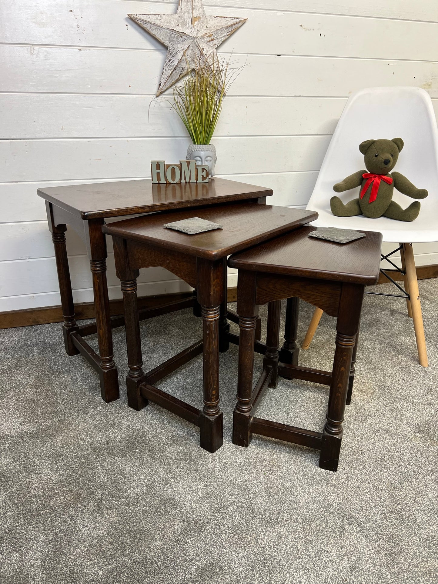 Vintage Oak Nesting Tables Set of 3 Coffee Table Home Side Nest Table Farmhouse Rustic Decor