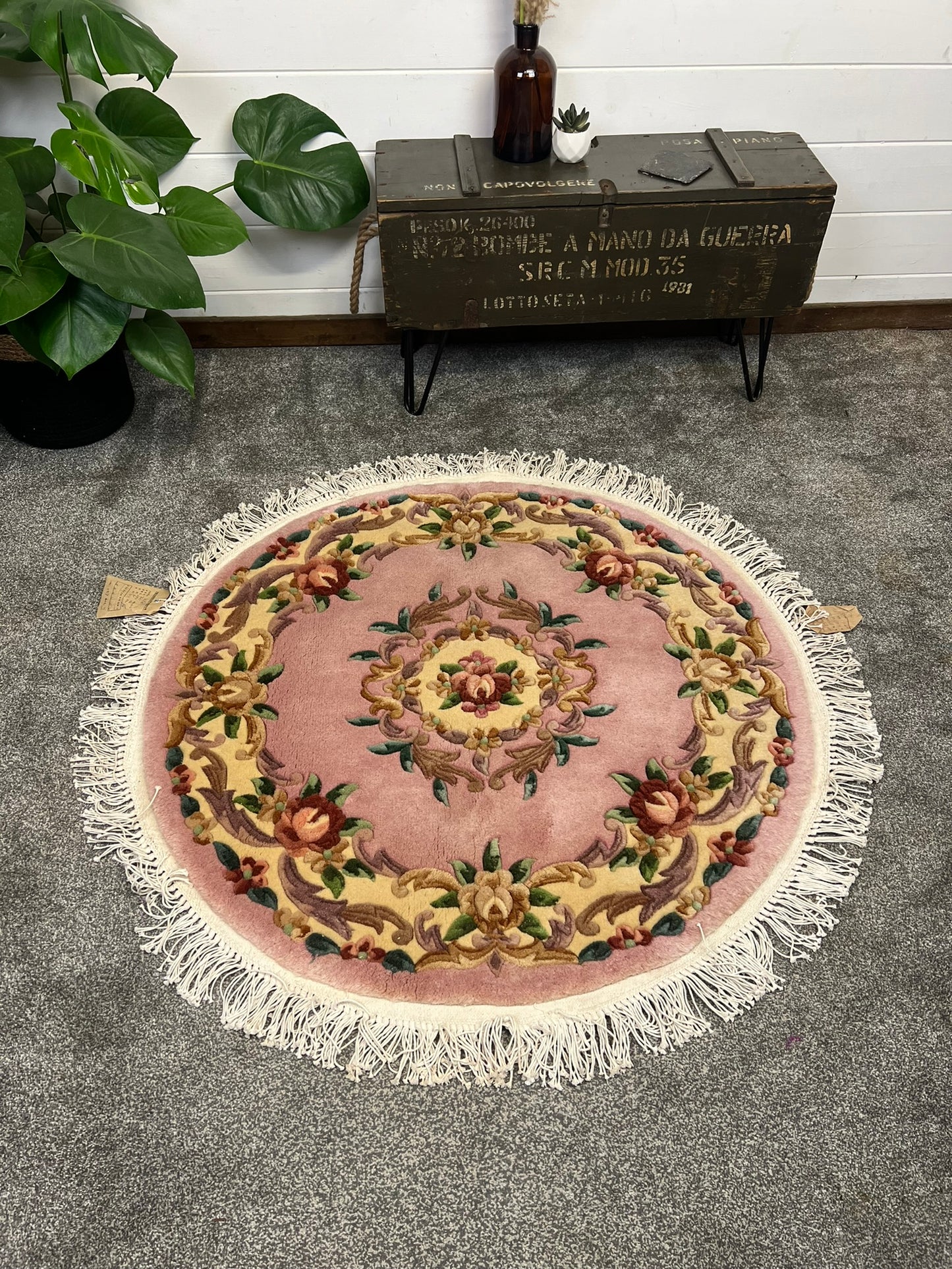 Vintage Handmade Chinese Wool Rug Circle 100cm Vintage Country Home Boho Decor