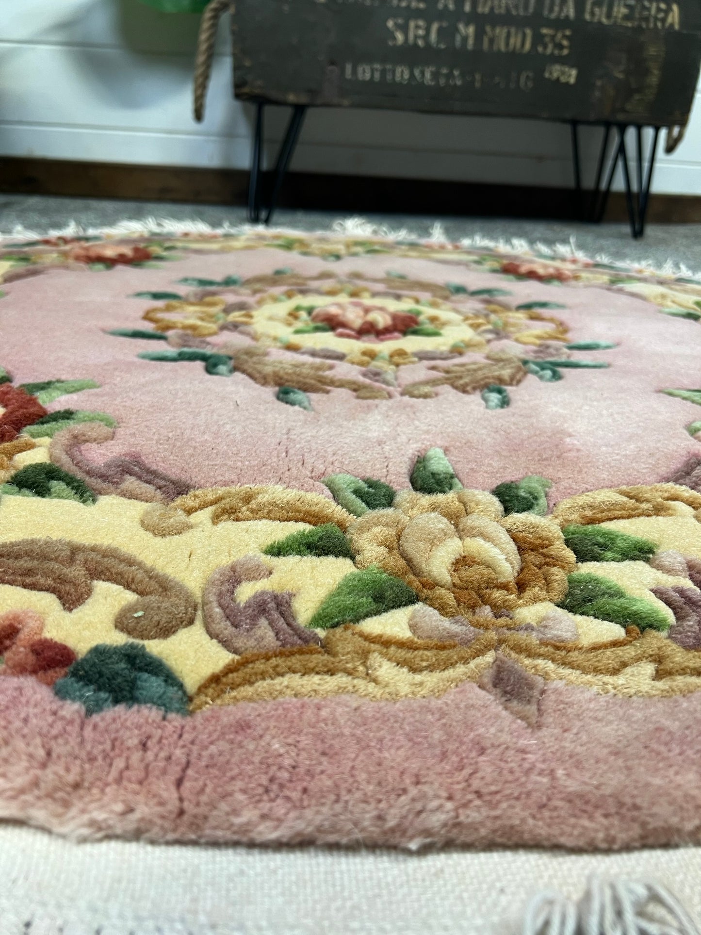 Vintage Handmade Chinese Wool Rug Circle 100cm Vintage Country Home Boho Decor