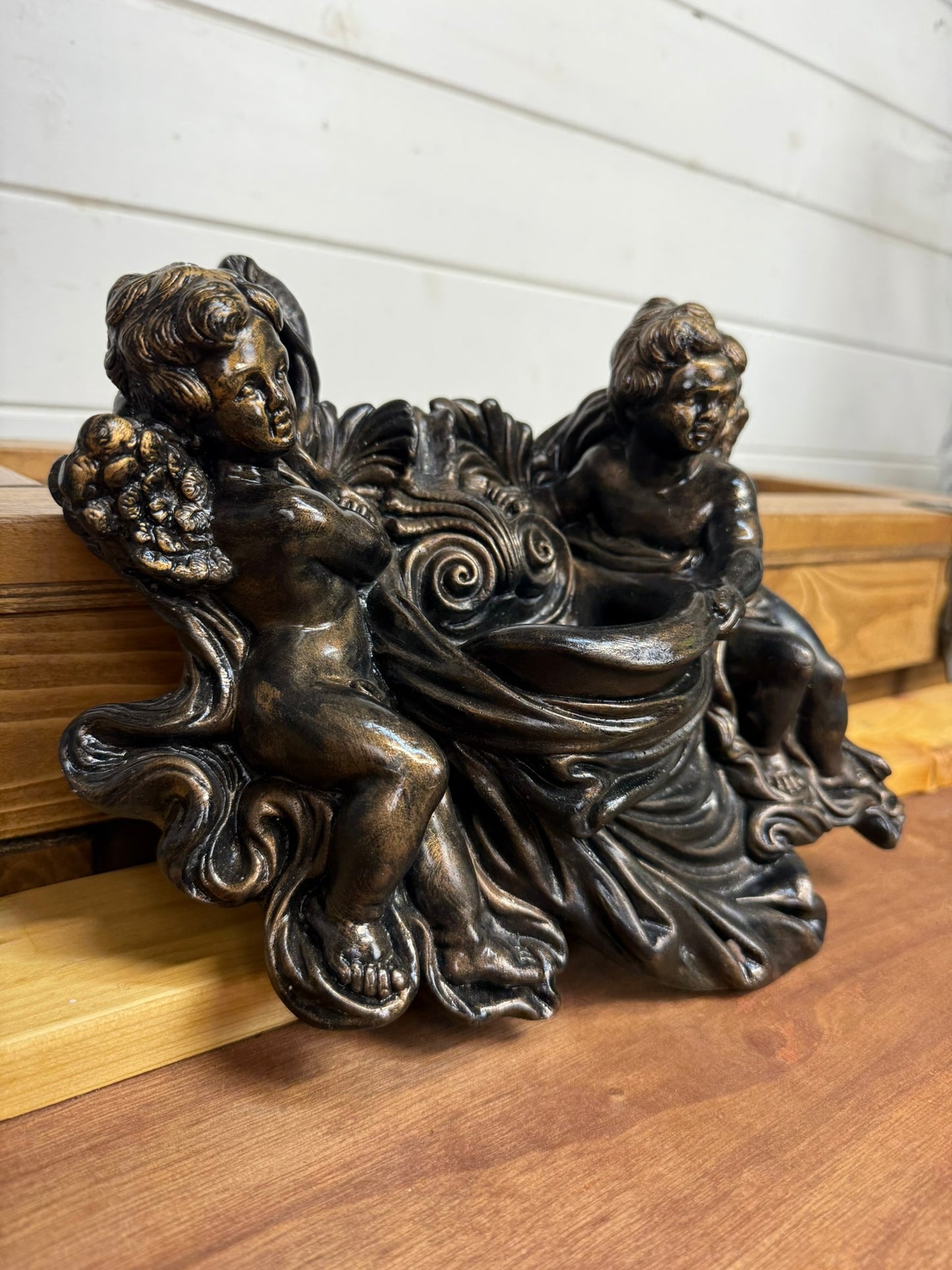Vintage Cherub Wall Plaque Holy Water Font Sculpture