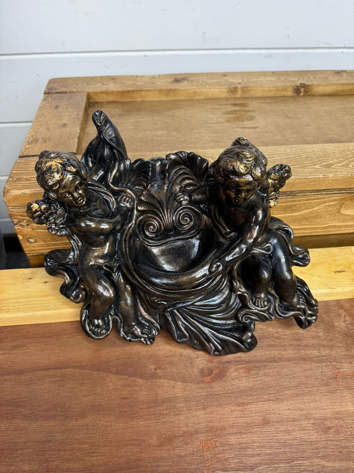 Vintage Cherub Wall Plaque Holy Water Font Sculpture