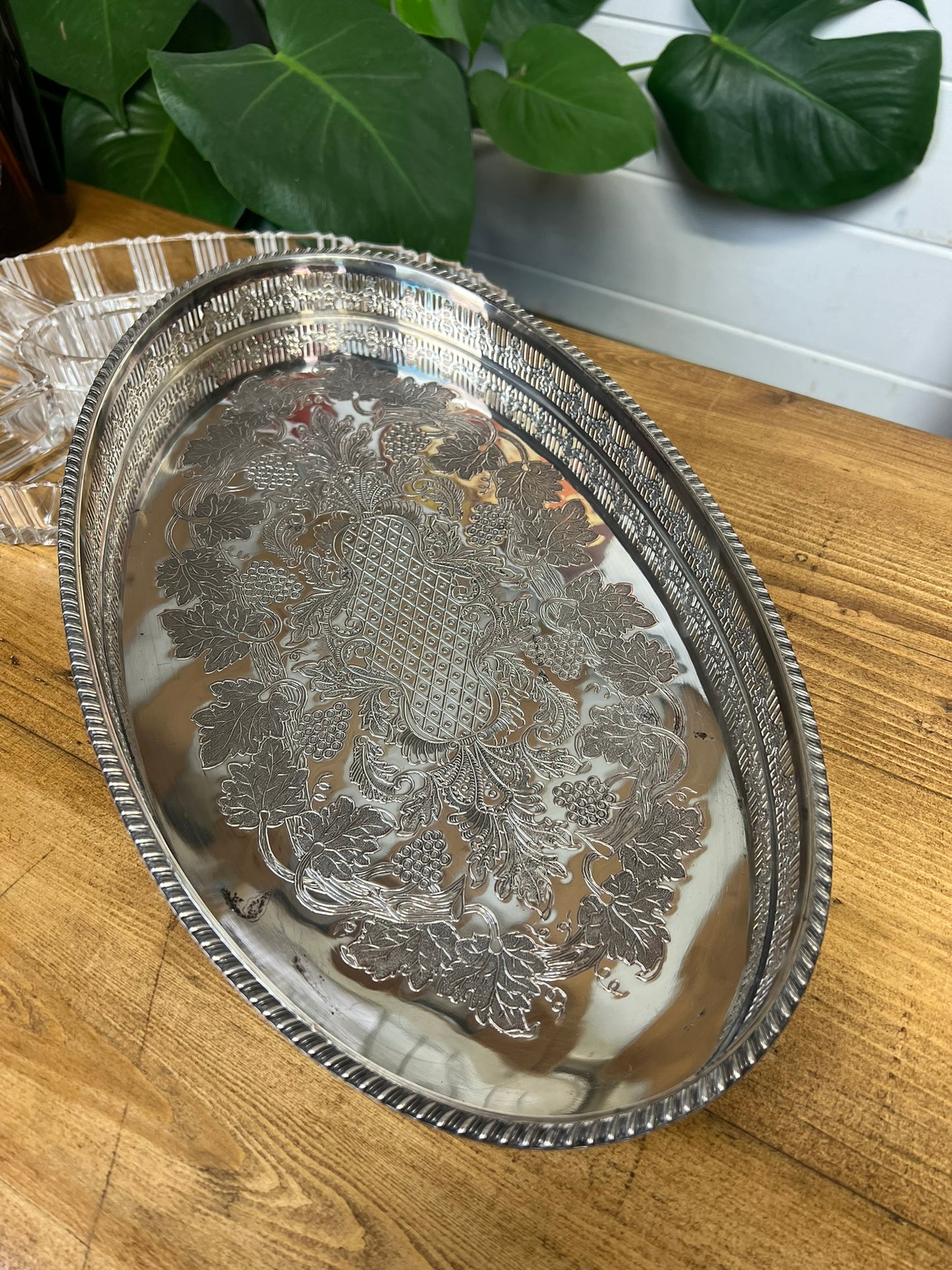 Vintage Viners Of Sheffield Silver Plated Oval Tray With Crystal Glass Serving Dishes