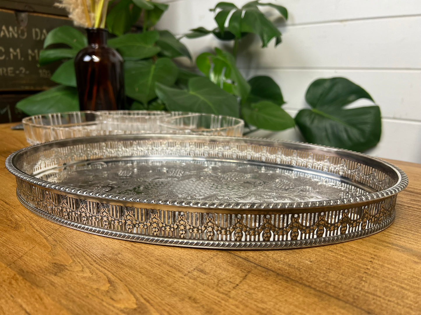 Vintage Viners Of Sheffield Silver Plated Oval Tray With Crystal Glass Serving Dishes