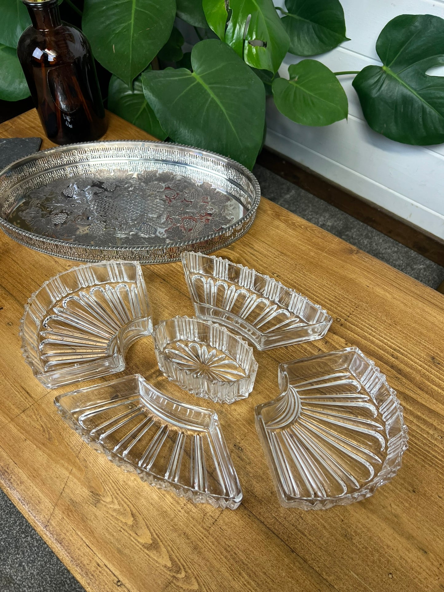 Vintage Viners Of Sheffield Silver Plated Oval Tray With Crystal Glass Serving Dishes