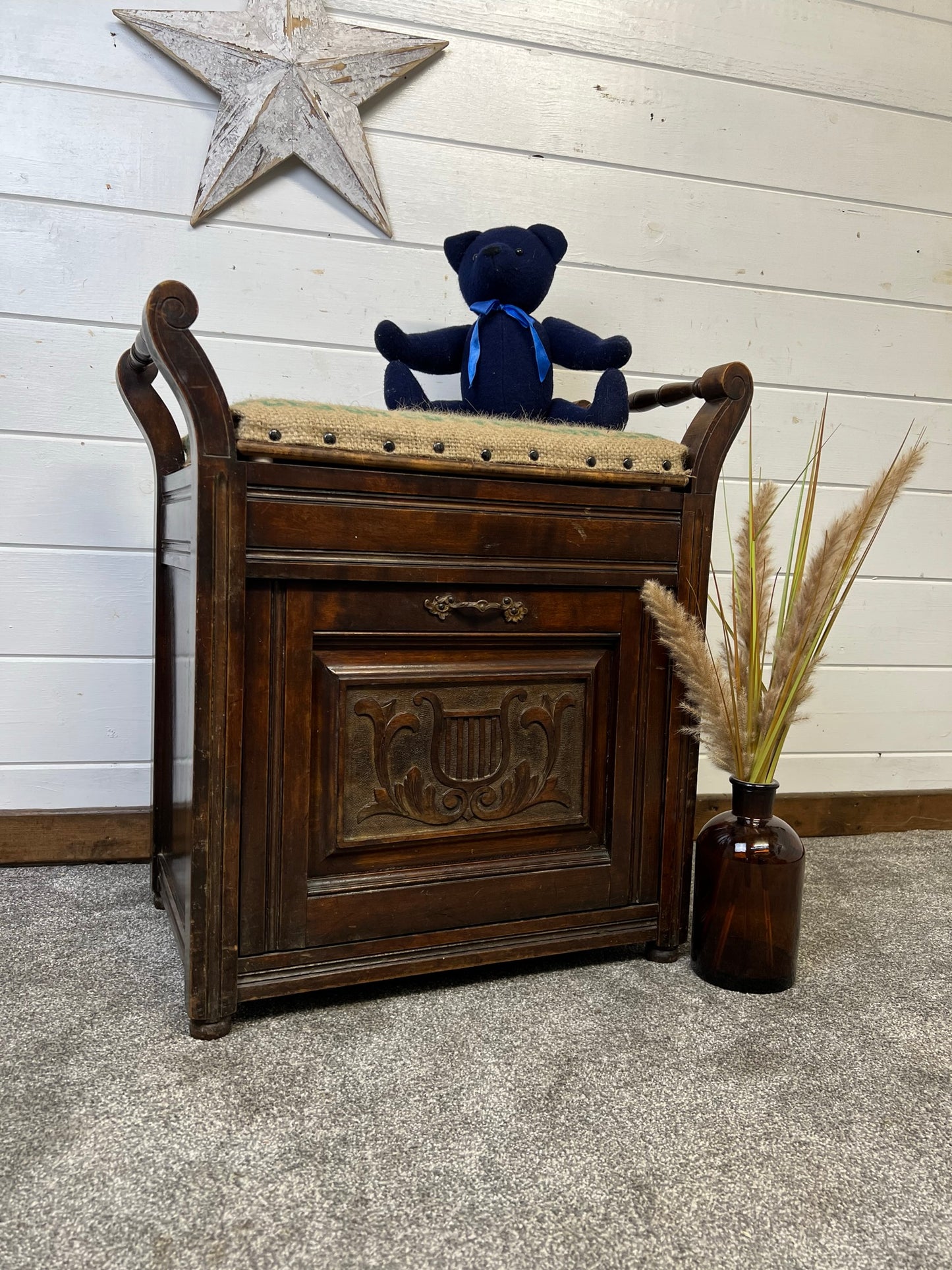 Vintage Antique Mahogany Piano Stool Seat With Storage Upholstered Rustic Home
