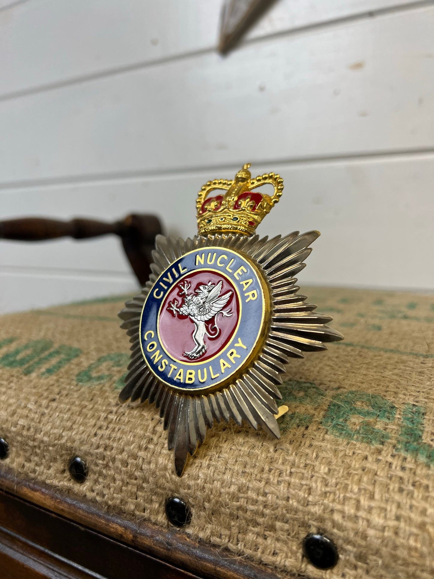 Civil Nuclear Constabulary Obsolete Enamel Bobby Helmet Badge Plate Queens Crown