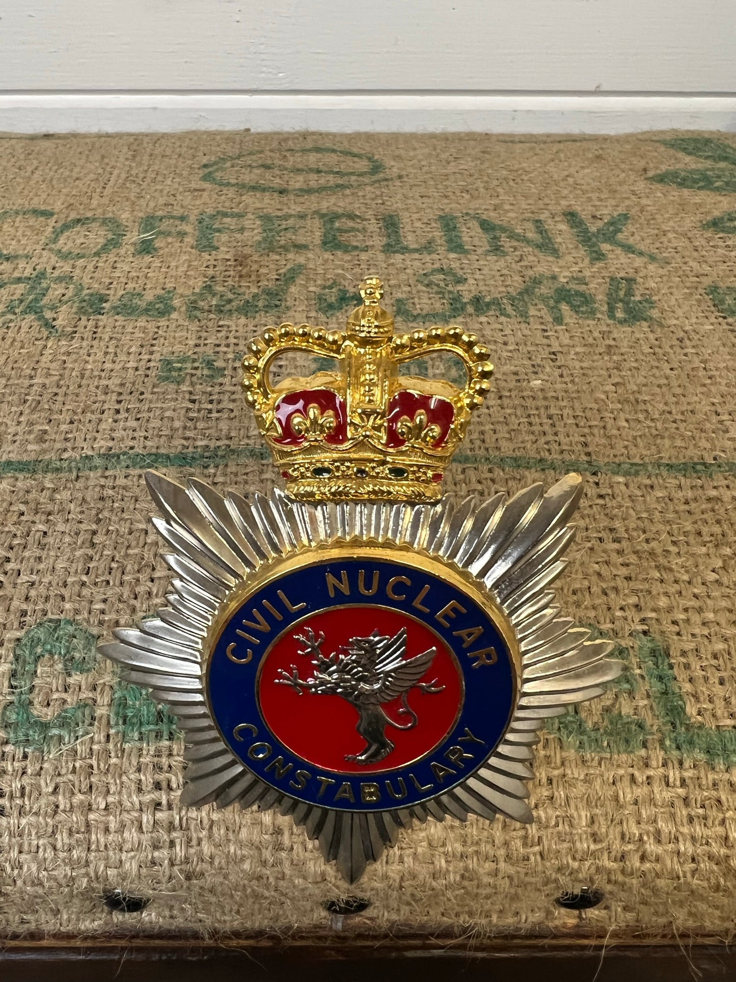Civil Nuclear Constabulary Obsolete Enamel Bobby Helmet Badge Plate Queens Crown
