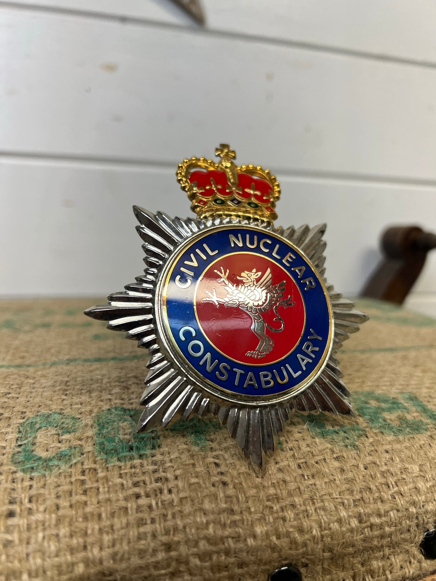 Civil Nuclear Constabulary Rare Obsolete Enamel Bobby Helmet Badge Plate Queens Crown