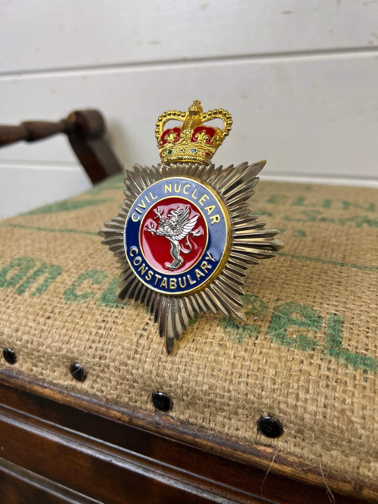 Civil Nuclear Constabulary Obsolete Enamel Bobby Helmet Badge Plate Queens Crown