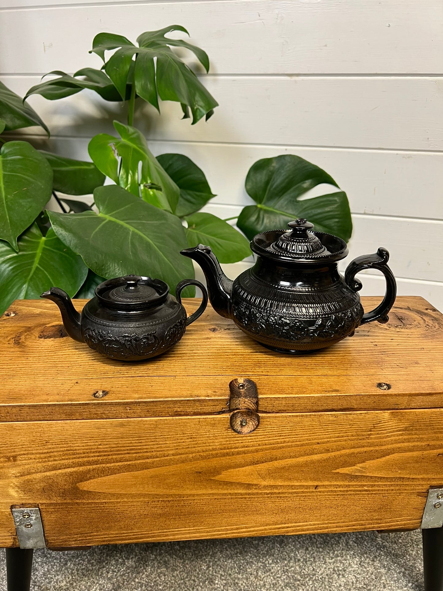 2x Vintage Black Basalt China Teapot 19th Century Gothic Alt Home Decor
