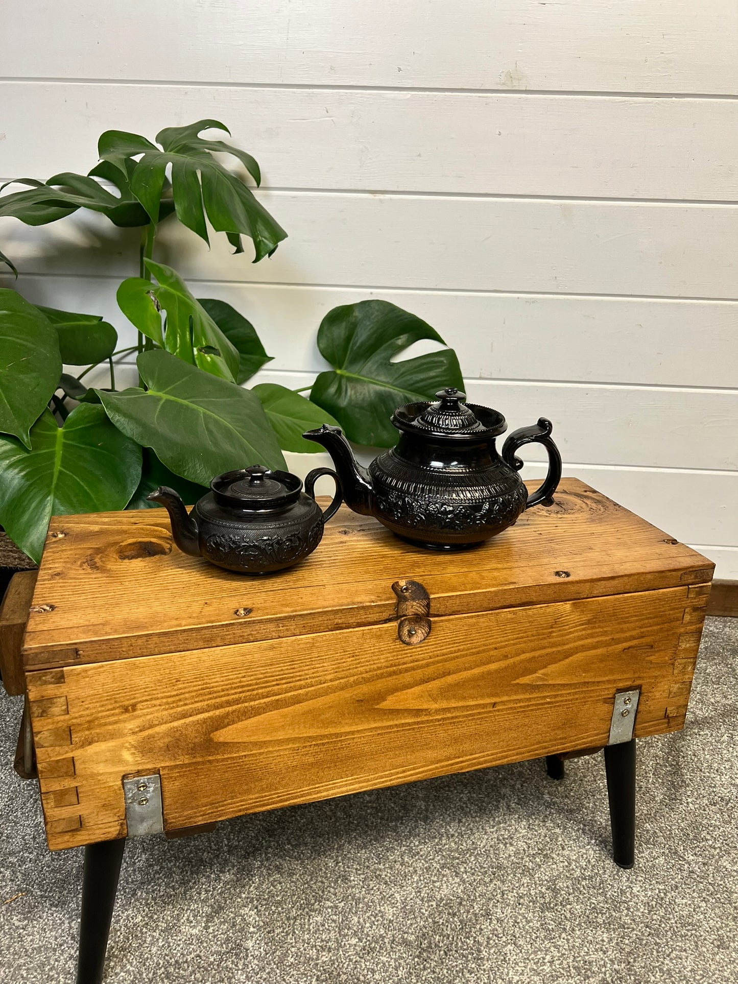 2x Vintage Black Basalt China Teapot 19th Century Gothic Alt Home Decor