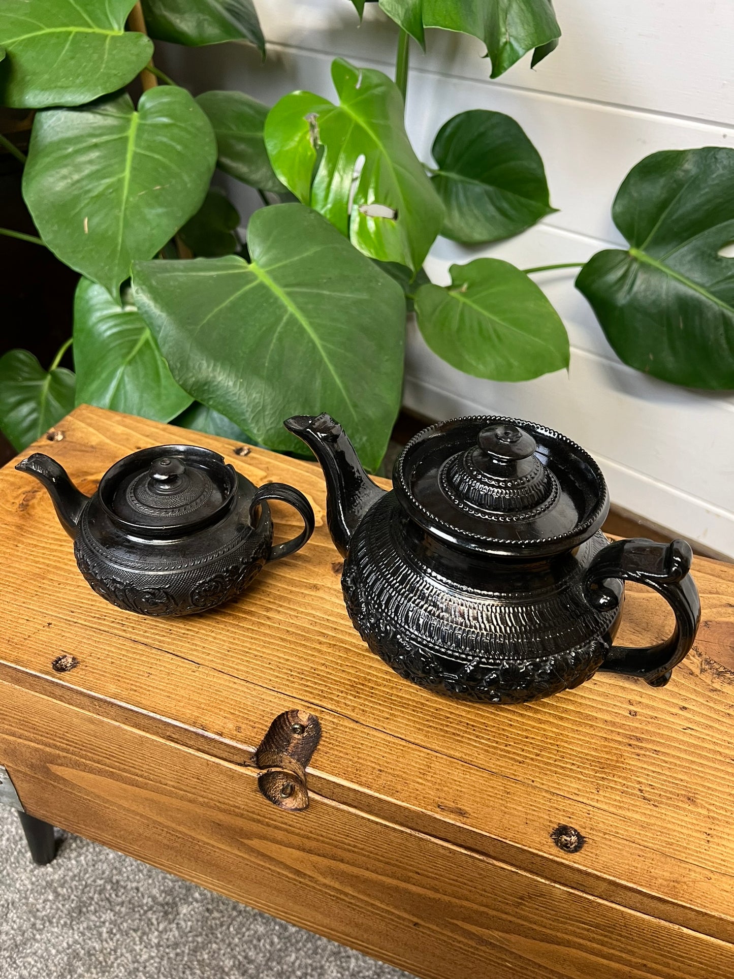 2x Vintage Black Basalt China Teapot 19th Century Gothic Alt Home Decor