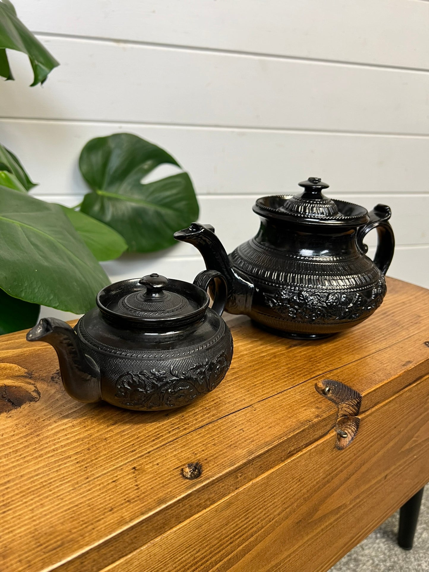 2x Vintage Black Basalt China Teapot 19th Century Gothic Alt Home Decor