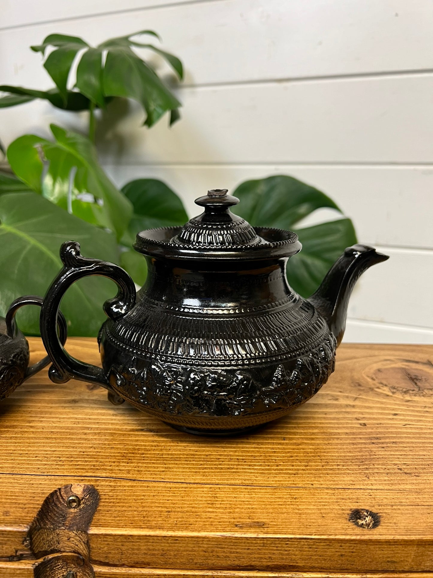 2x Vintage Black Basalt China Teapot 19th Century Gothic Alt Home Decor