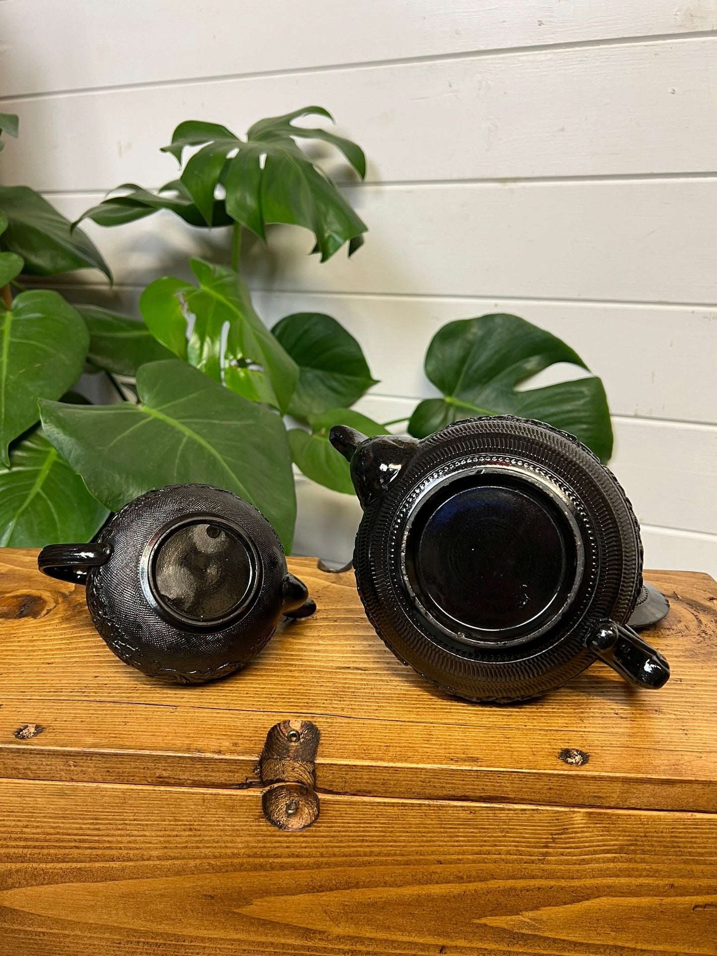 2x Vintage Black Basalt China Teapot 19th Century Gothic Alt Home Decor