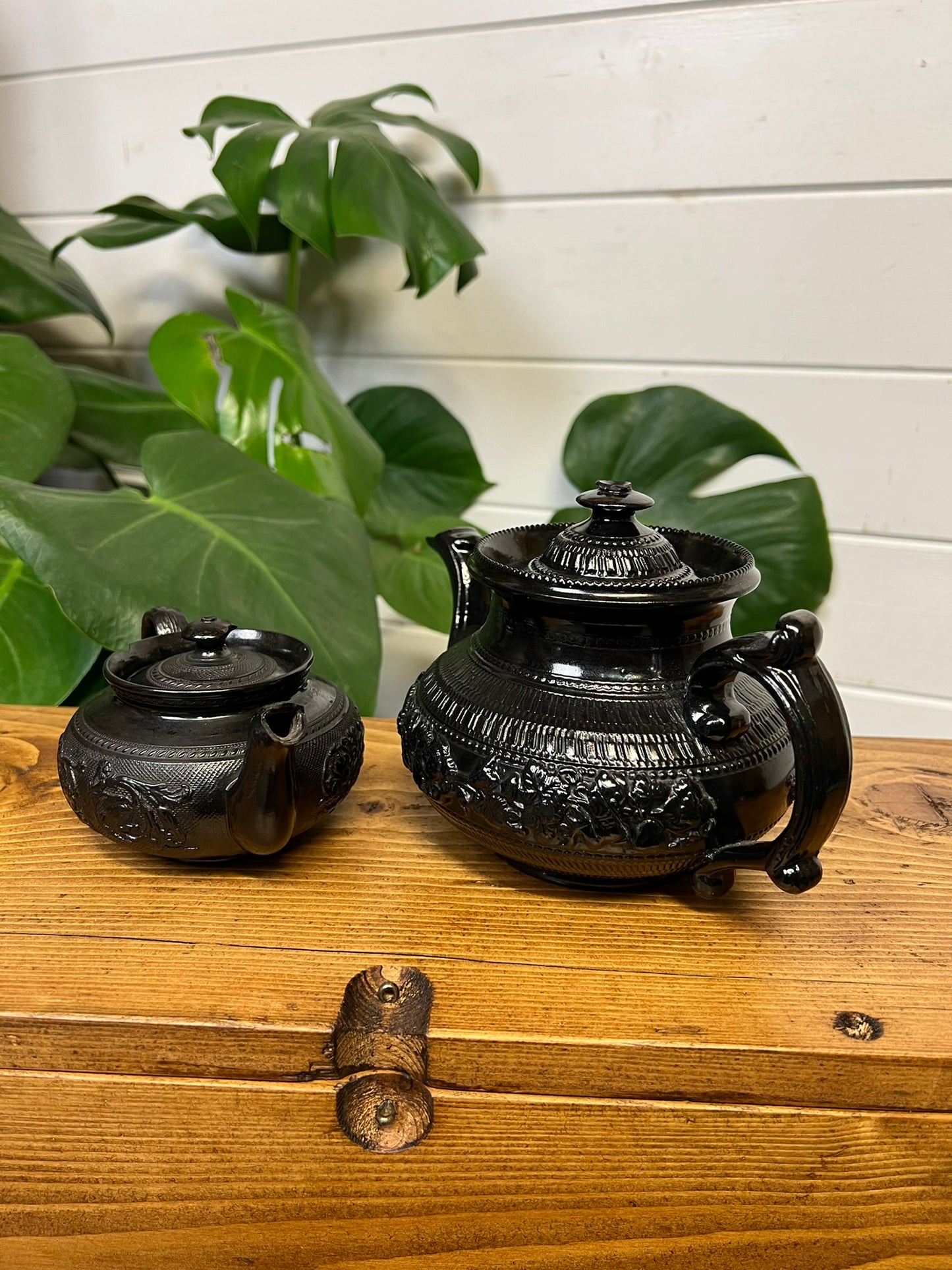 2x Vintage Black Basalt China Teapot 19th Century Gothic Alt Home Decor