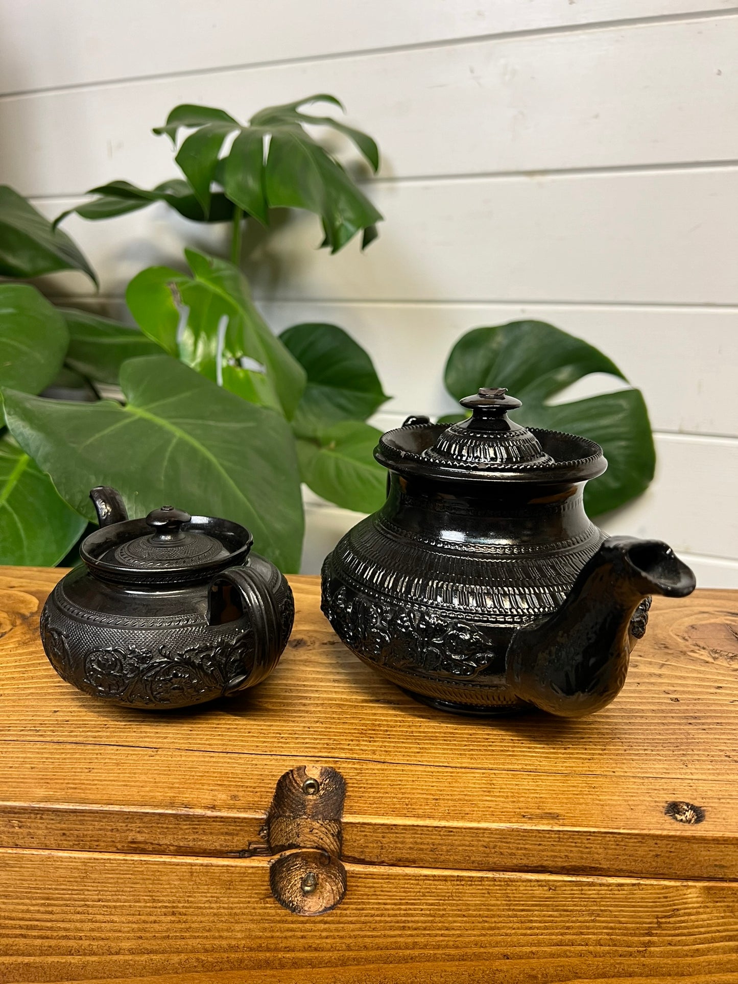 2x Vintage Black Basalt China Teapot 19th Century Gothic Alt Home Decor