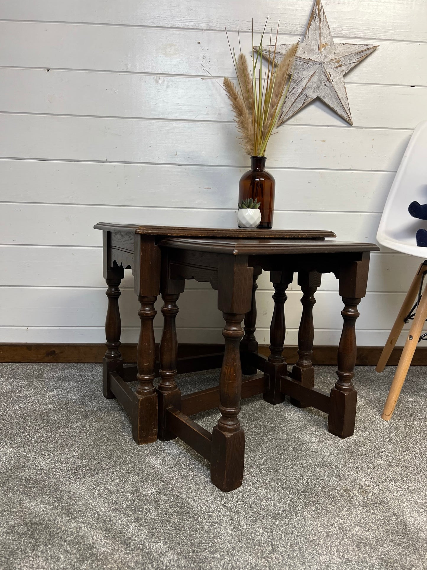 Vintage Oak Nesting Tables Pair x2 Coffee Table Home Side Nest Table Farmhouse Rustic Decor
