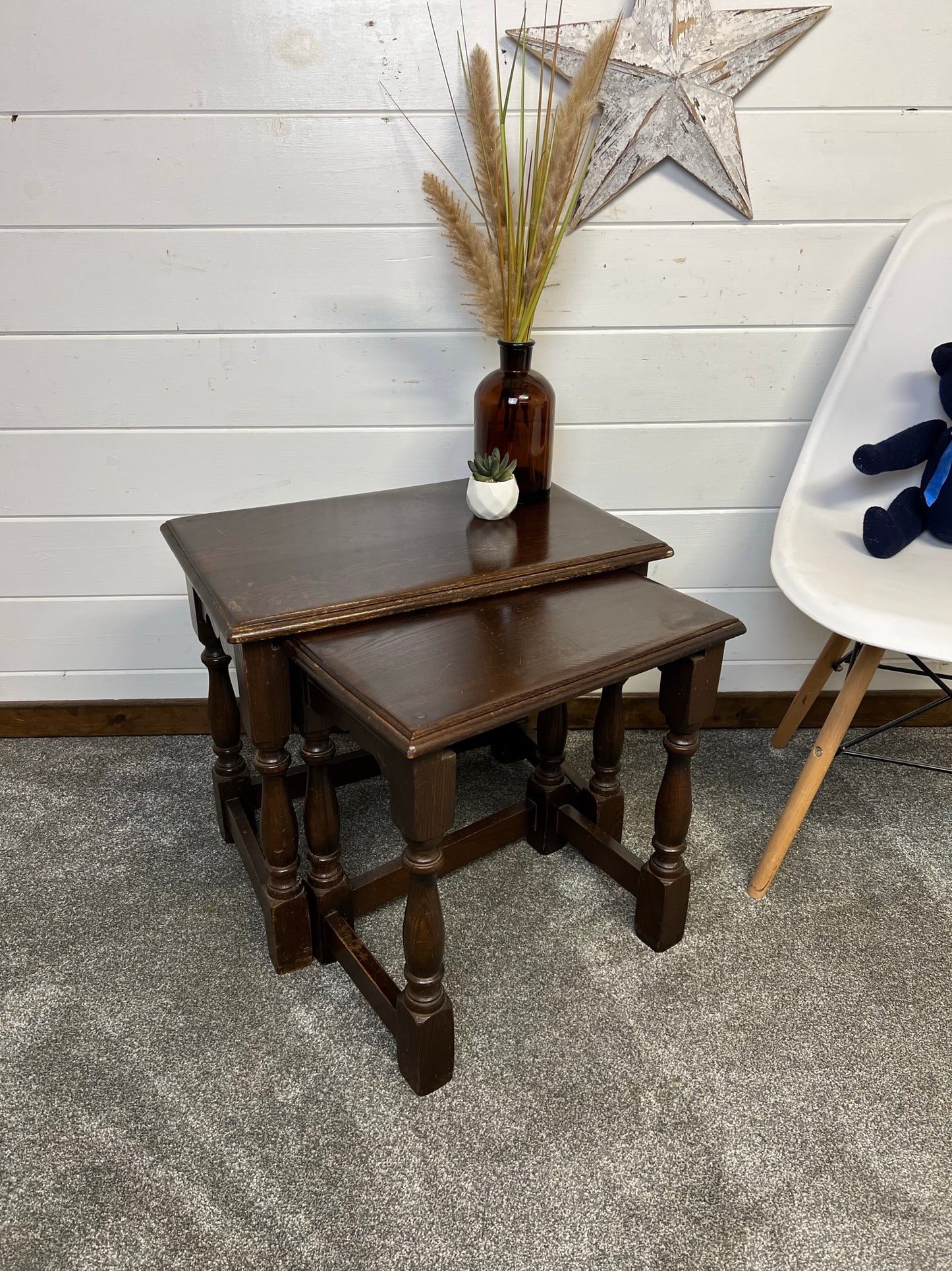 Vintage Oak Nesting Tables Pair x2 Coffee Table Home Side Nest Table Farmhouse Rustic Decor