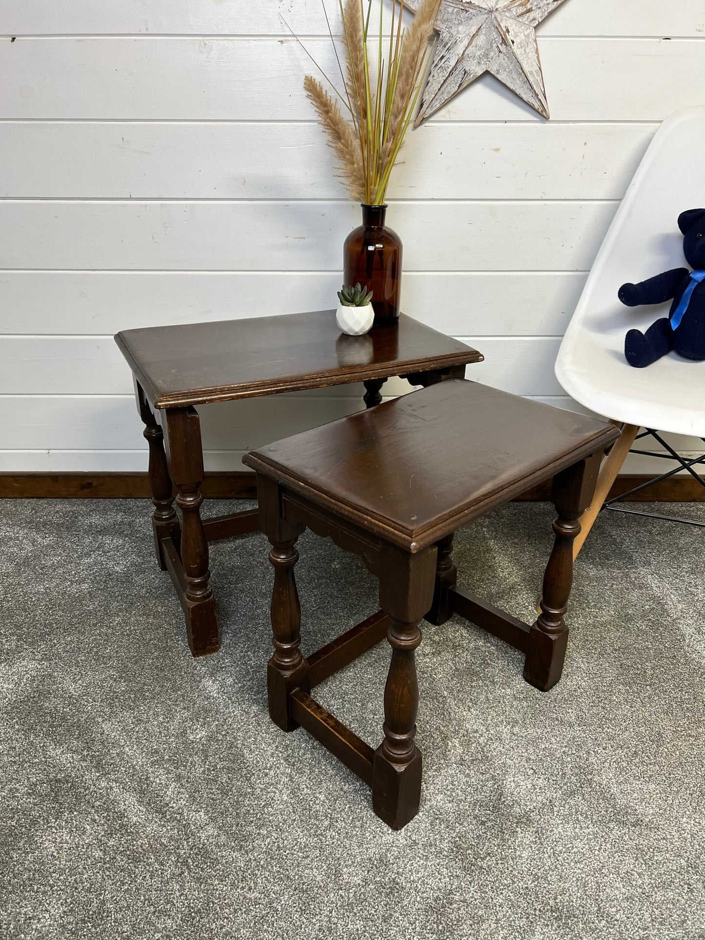 Vintage Oak Nesting Tables Pair x2 Coffee Table Home Side Nest Table Farmhouse Rustic Decor