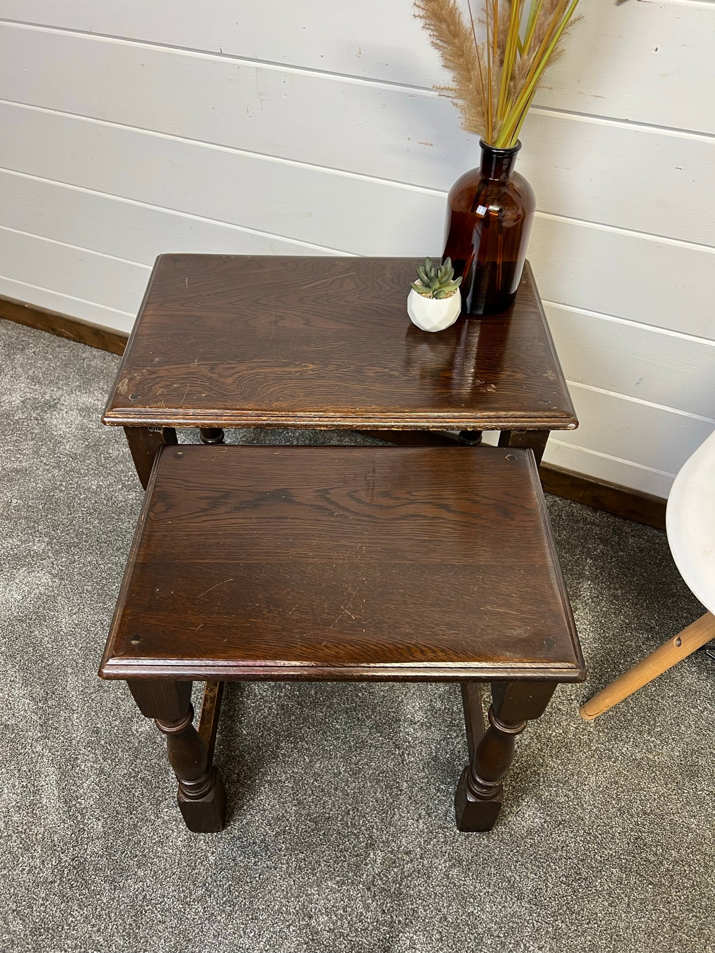 Vintage Oak Nesting Tables Pair x2 Coffee Table Home Side Nest Table Farmhouse Rustic Decor